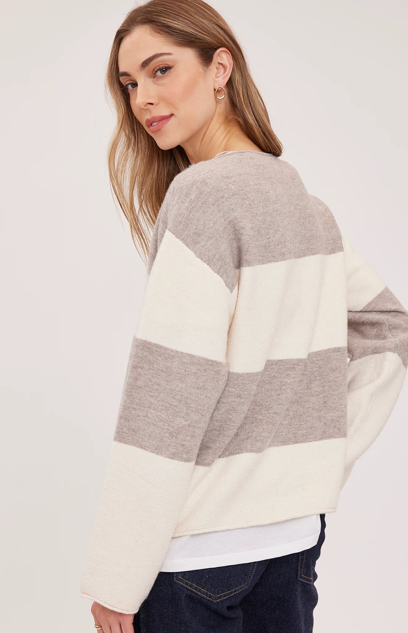 Annalise V-Neck Sweater, Latte Stripe