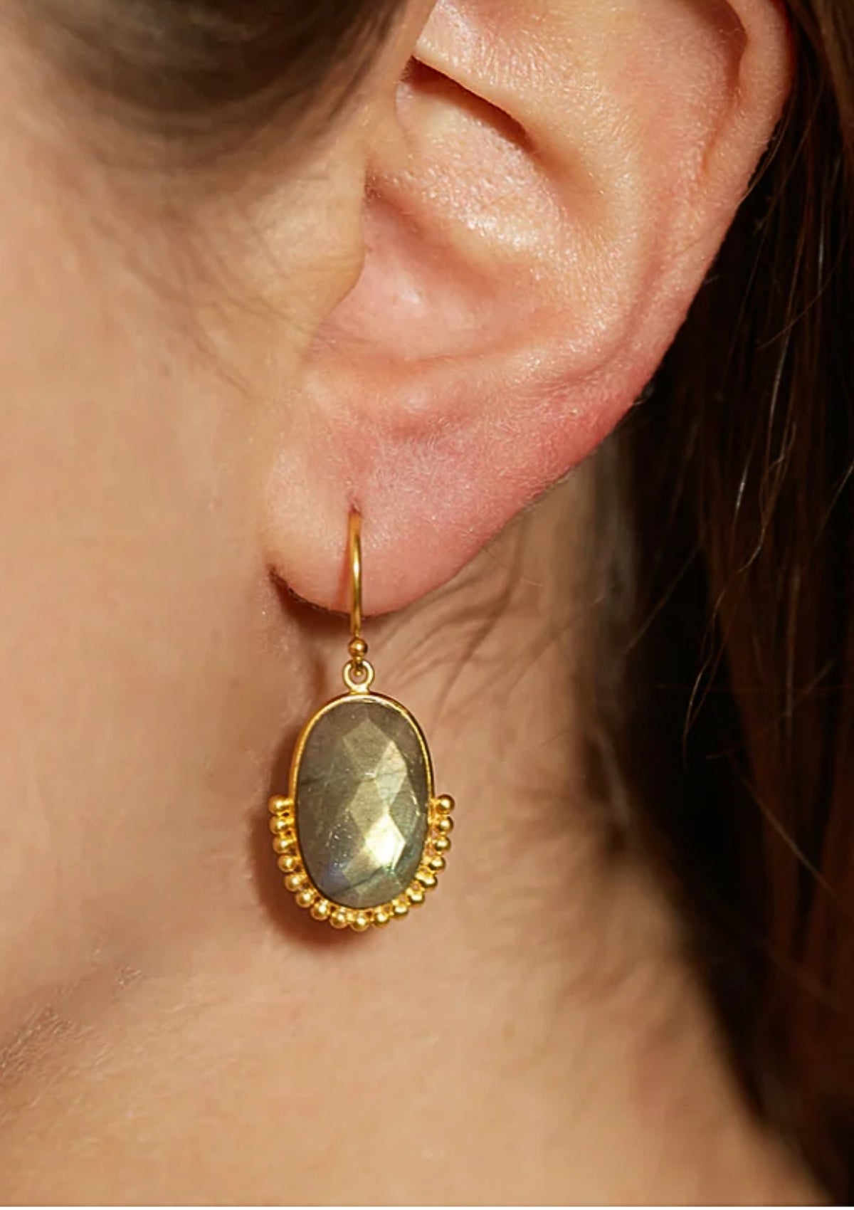 Oblong Labradorite Dot Gold Earring