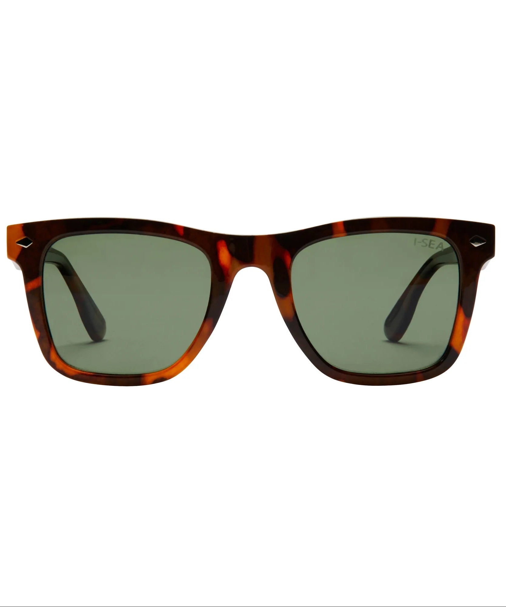 Sunglasses with tortoiseshell frame and dark lenses on a white background