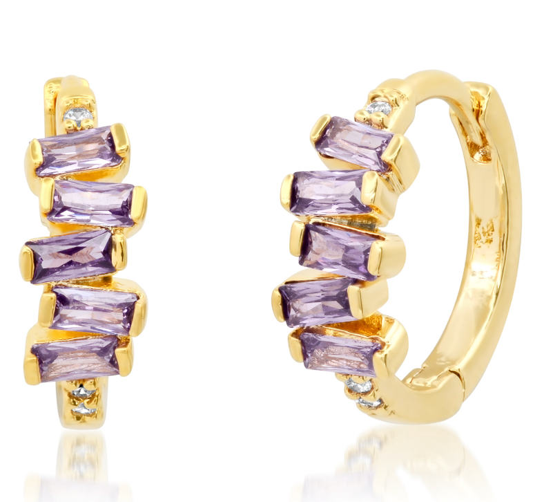 Gold Huggie with Ombre Baguette Accents, Lavender