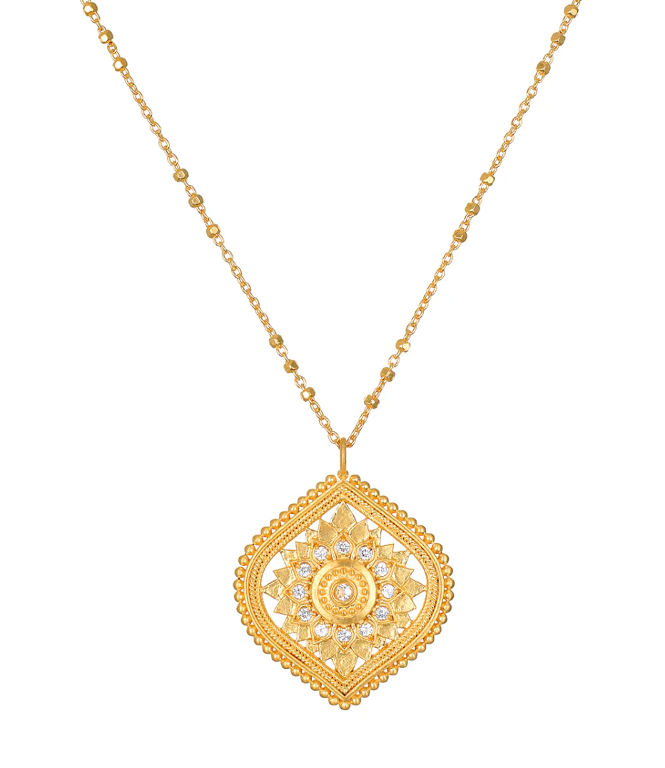White Topaz Lotus Medallion Necklace, 18"