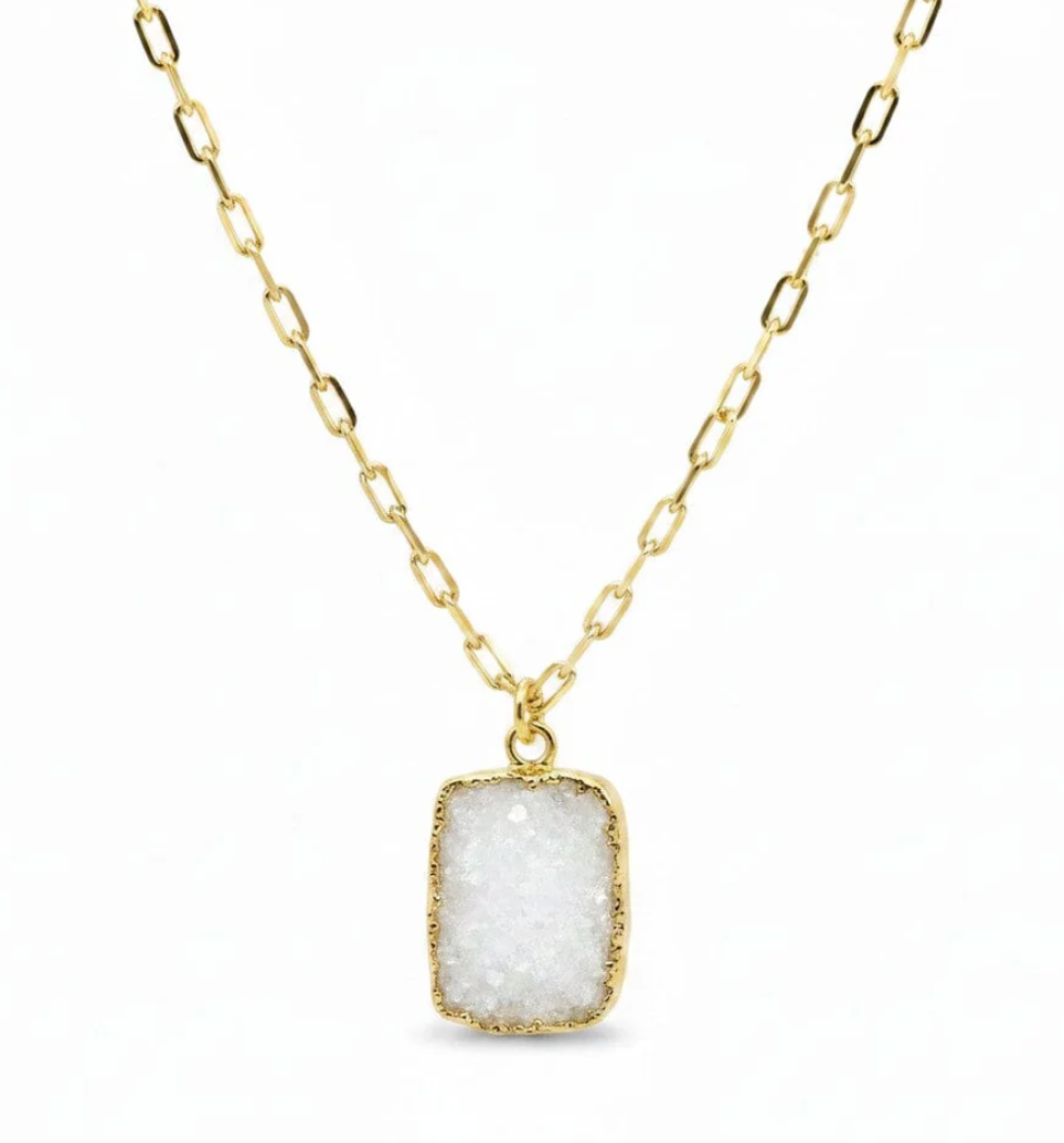 Gold + White Druzy Rectangle Necklace