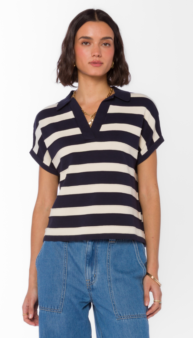 "Annabelle" Short Sleeve Sweater - Navy White