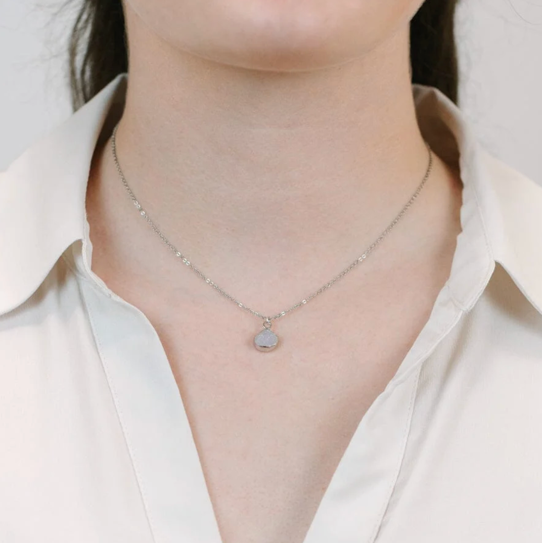 White Druzy Bezel Heart Necklace