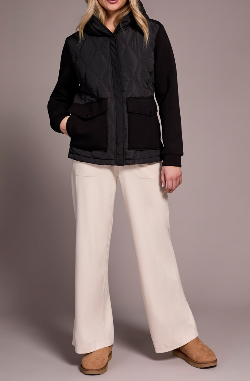 Quilted Front Combo Knit Jacket with Hood and Pockets