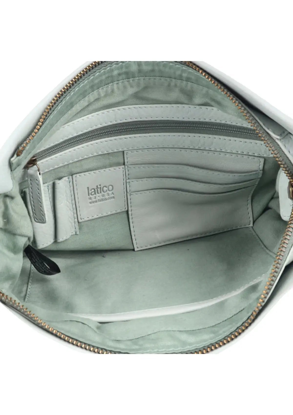 Outside pocket, zipper closure, pockets inside.