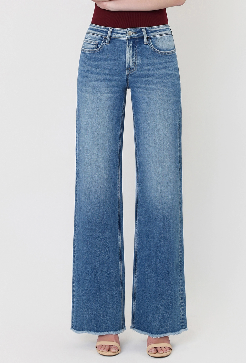 Mid Rise Uneven Raw Hem Wide Leg