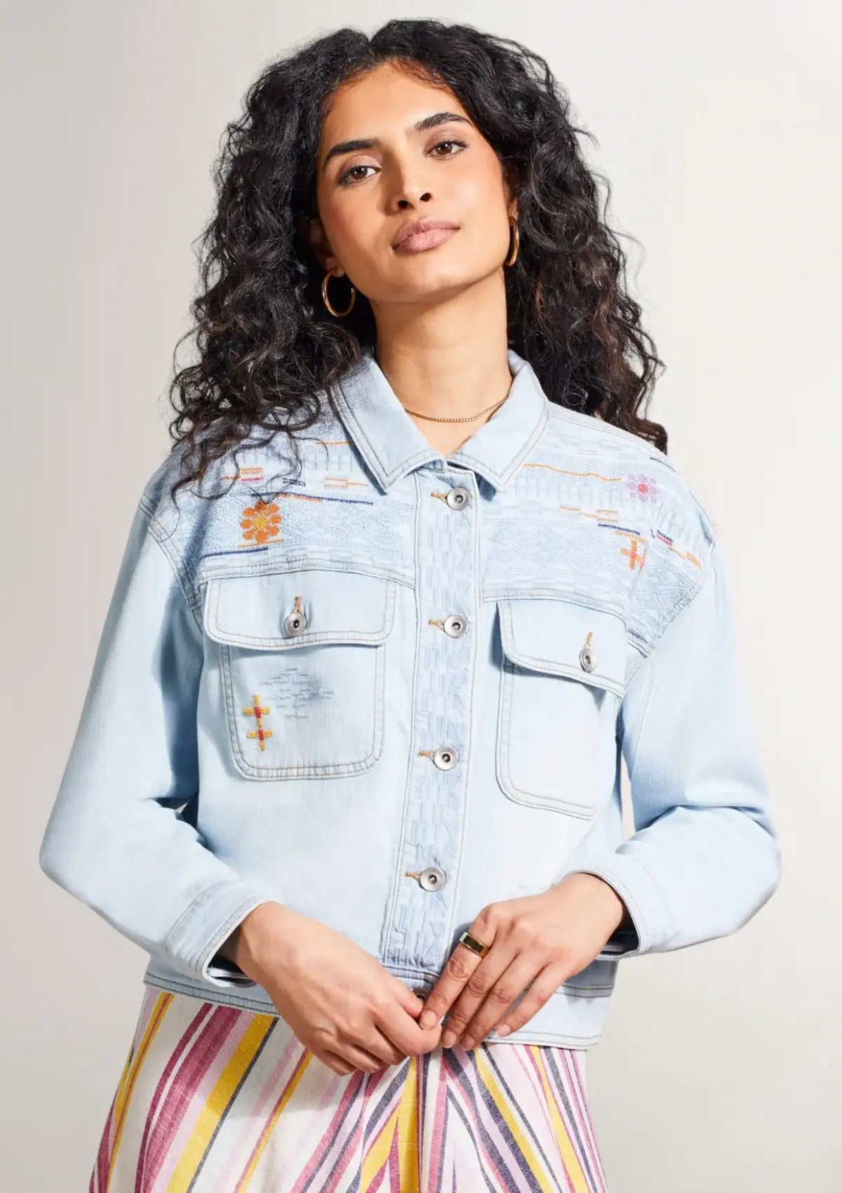 Boho mountain chic fashion denim jacket with embroidery at Ruby Jane & valleygirl boutique.