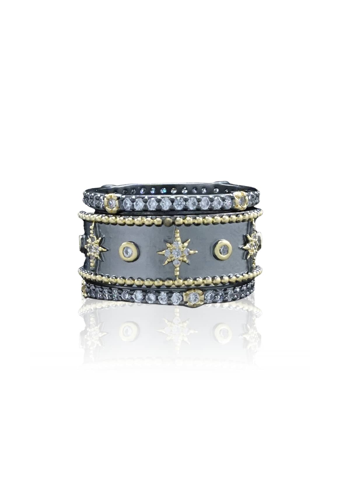 Black/Gold Center Ring with Pave Starburst 3 Ring Set -Be-Je Designs- Ruby Jane-