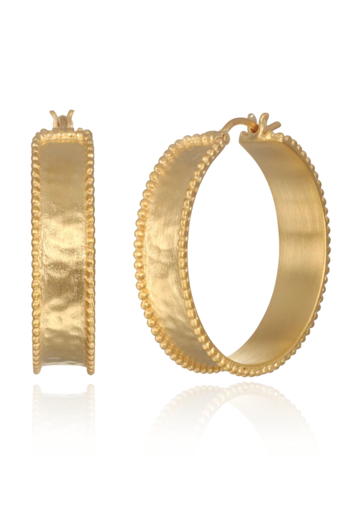 Large gold hoop earrings with latch back closure. Beads on trim of hoops.