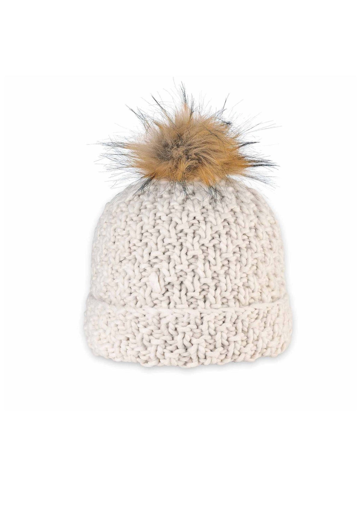 White knit beanie with fold and brown pompom that has black ends.