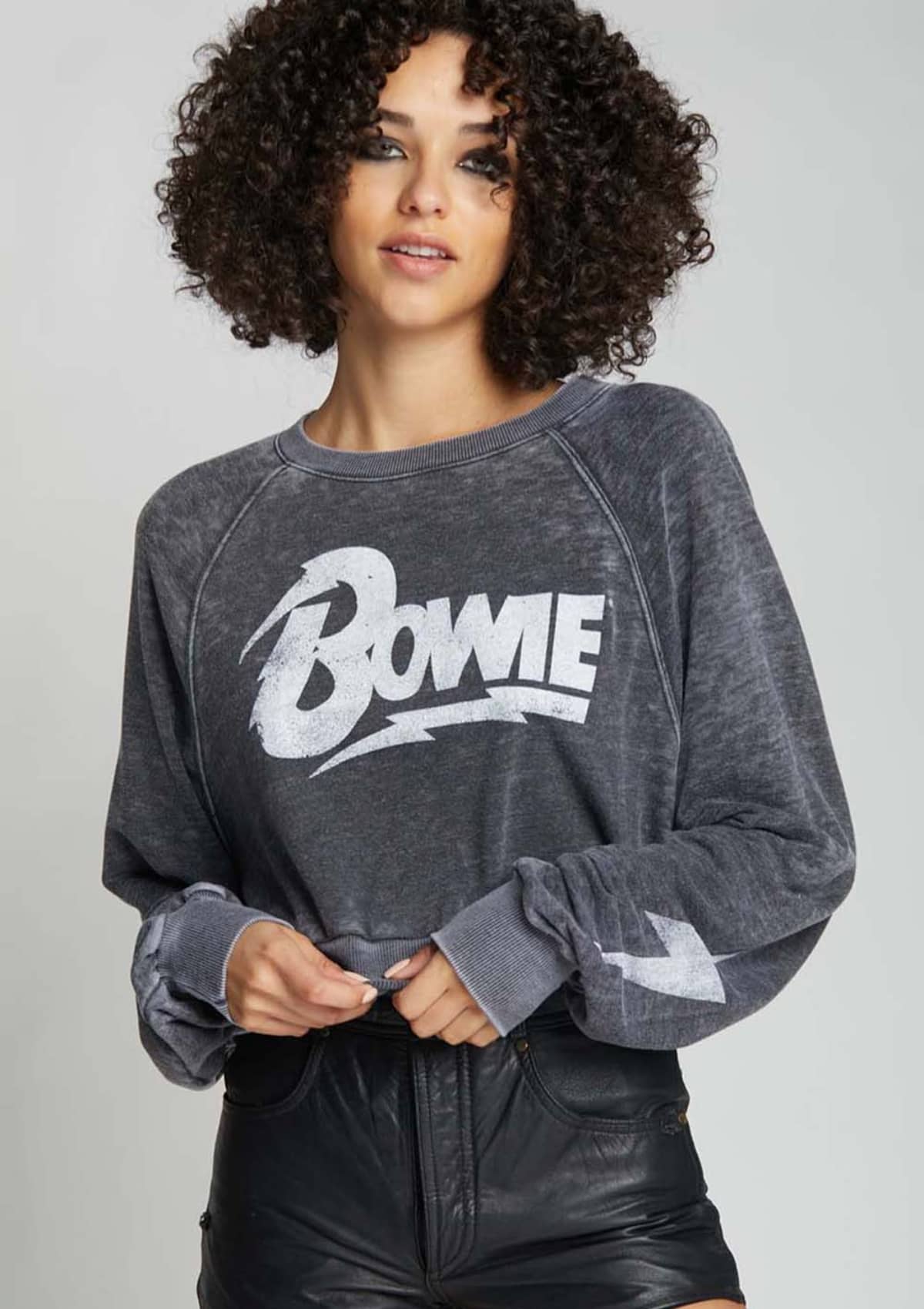 Bowie Bold Long Sleeve Crop Sweatshirt - Black -Recycled Karma- Ruby Jane-