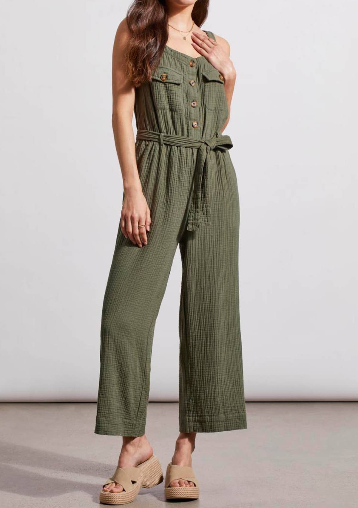 Button Front Jumpsuit with Sash and Pockets - Fern -Tribal- Ruby Jane-