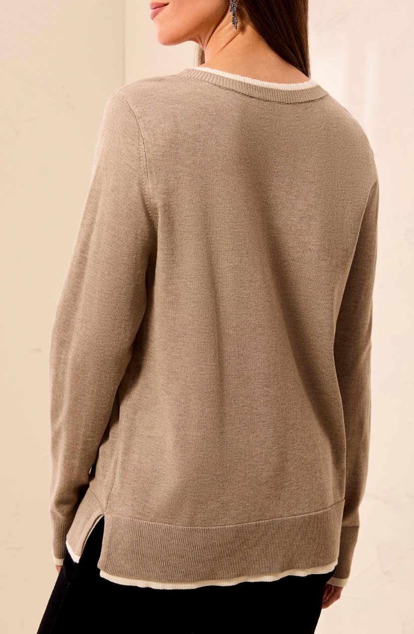 Long Sleeve V-Neck Sweater with Trim