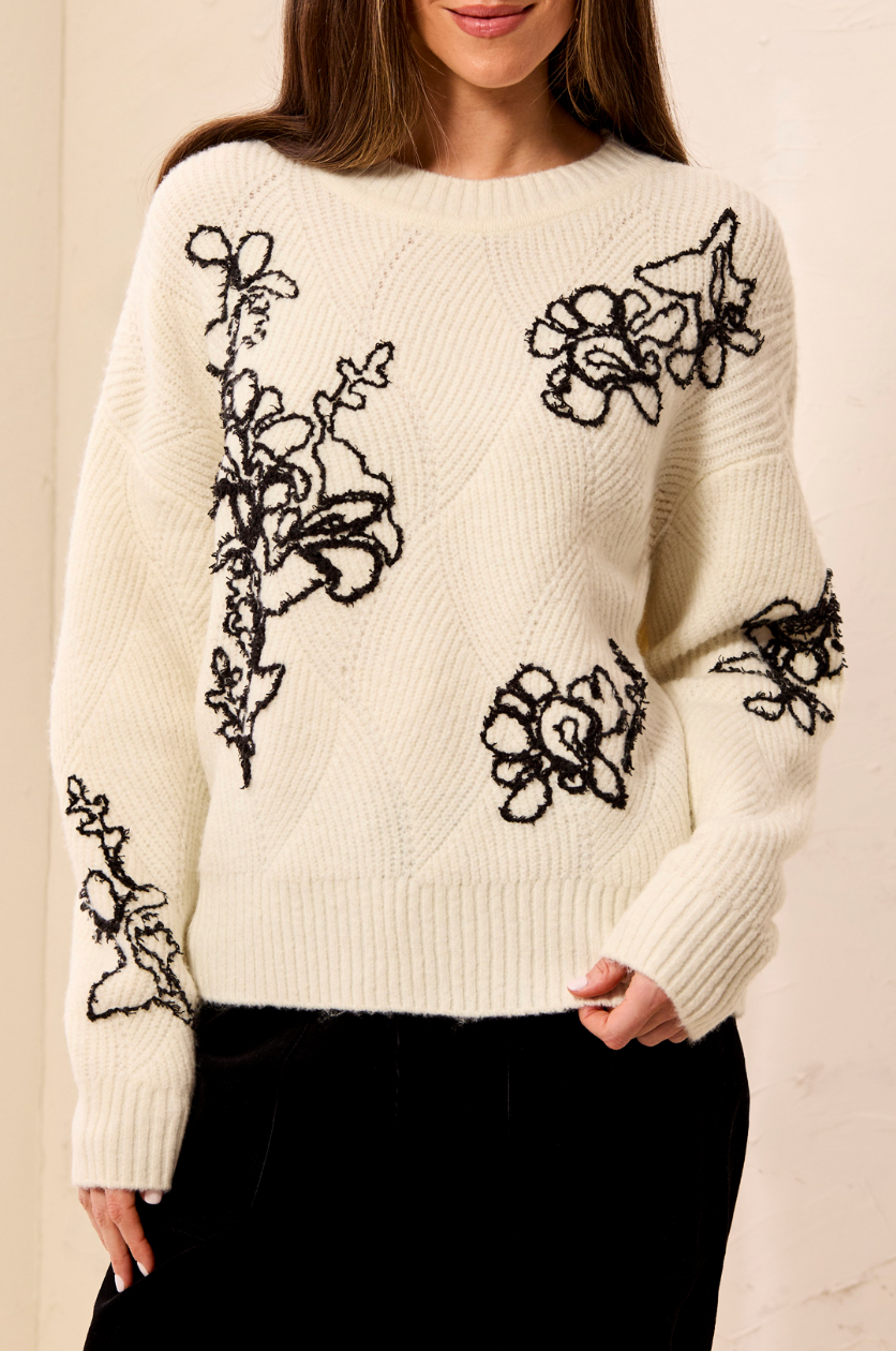 Long Sleeve Crew Neck Sweater with Embroidery - Cream with Black