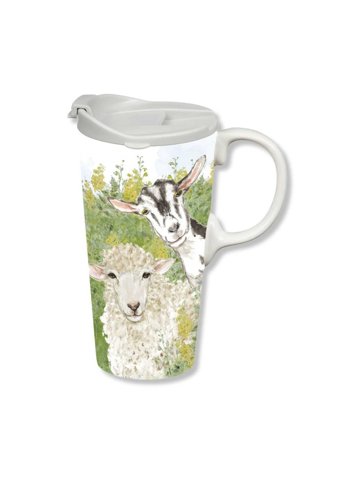 Black white goat and white sheep in green grass print. White lid and handle.