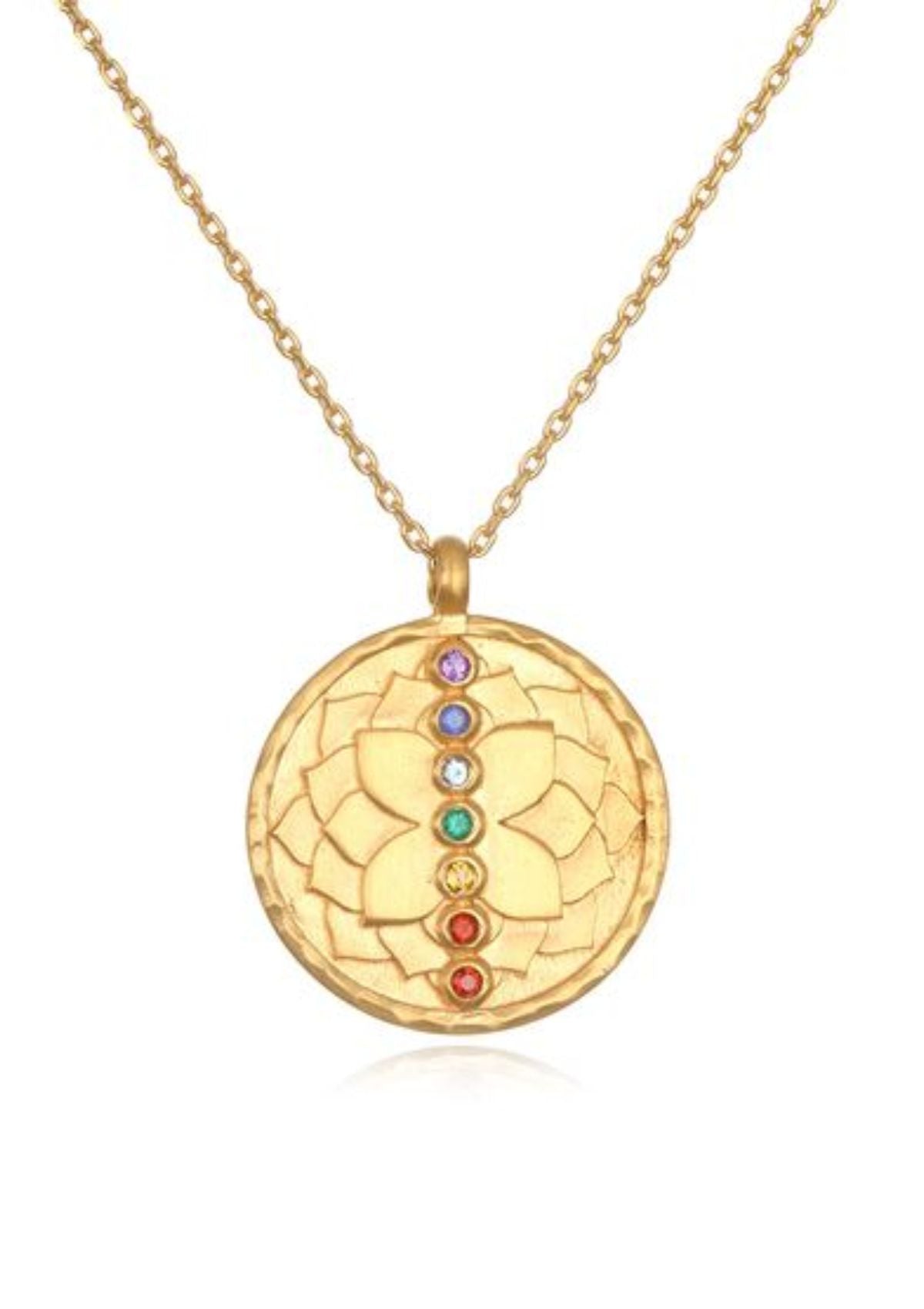 Round gold pendant with every color of chakras going vertical in middle. Starting from top: Purple, blue, white, green, yellow, orange, red.