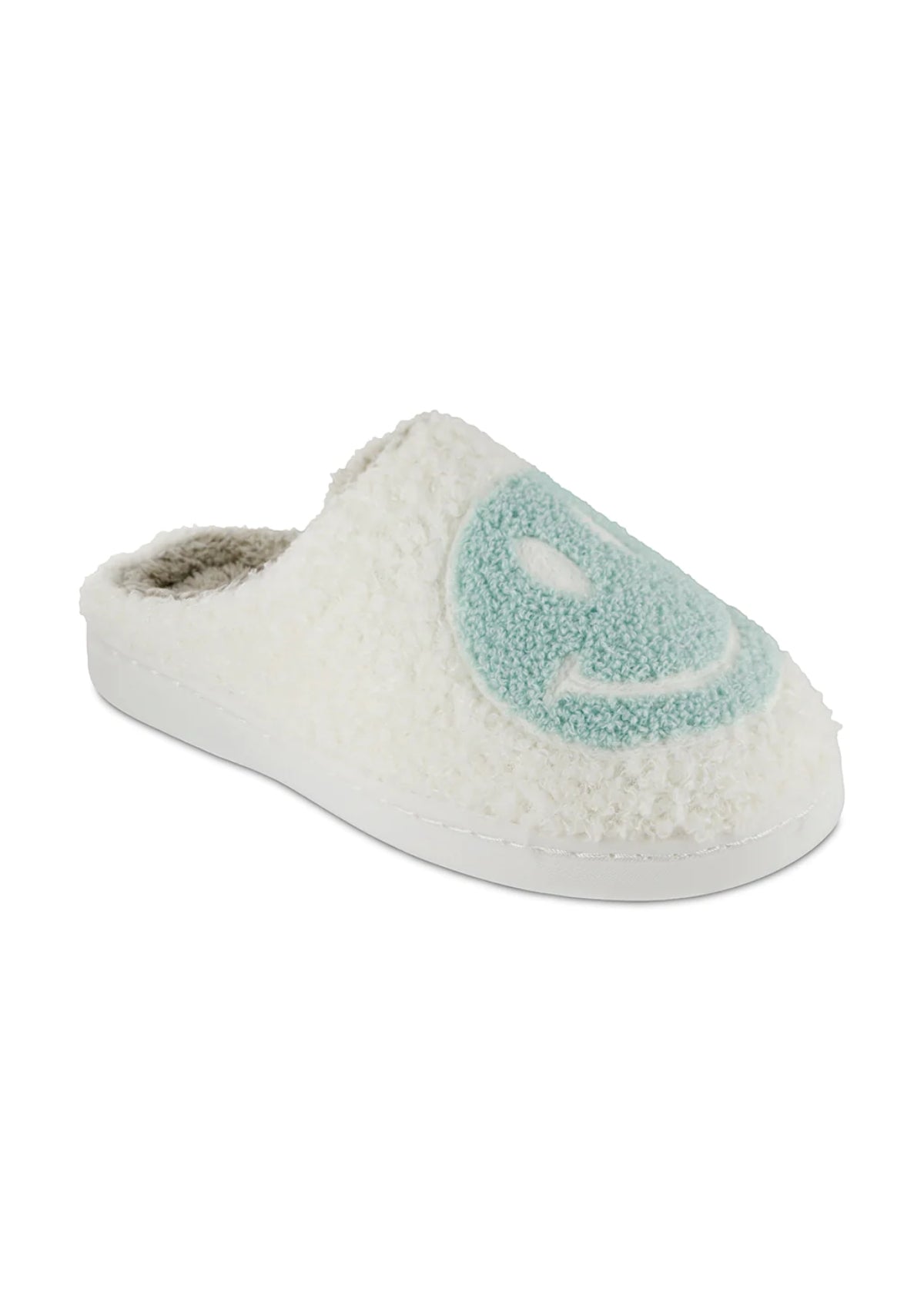 White sherpa fuzzy slippers with light green smiley face with white eyes and mouth.
