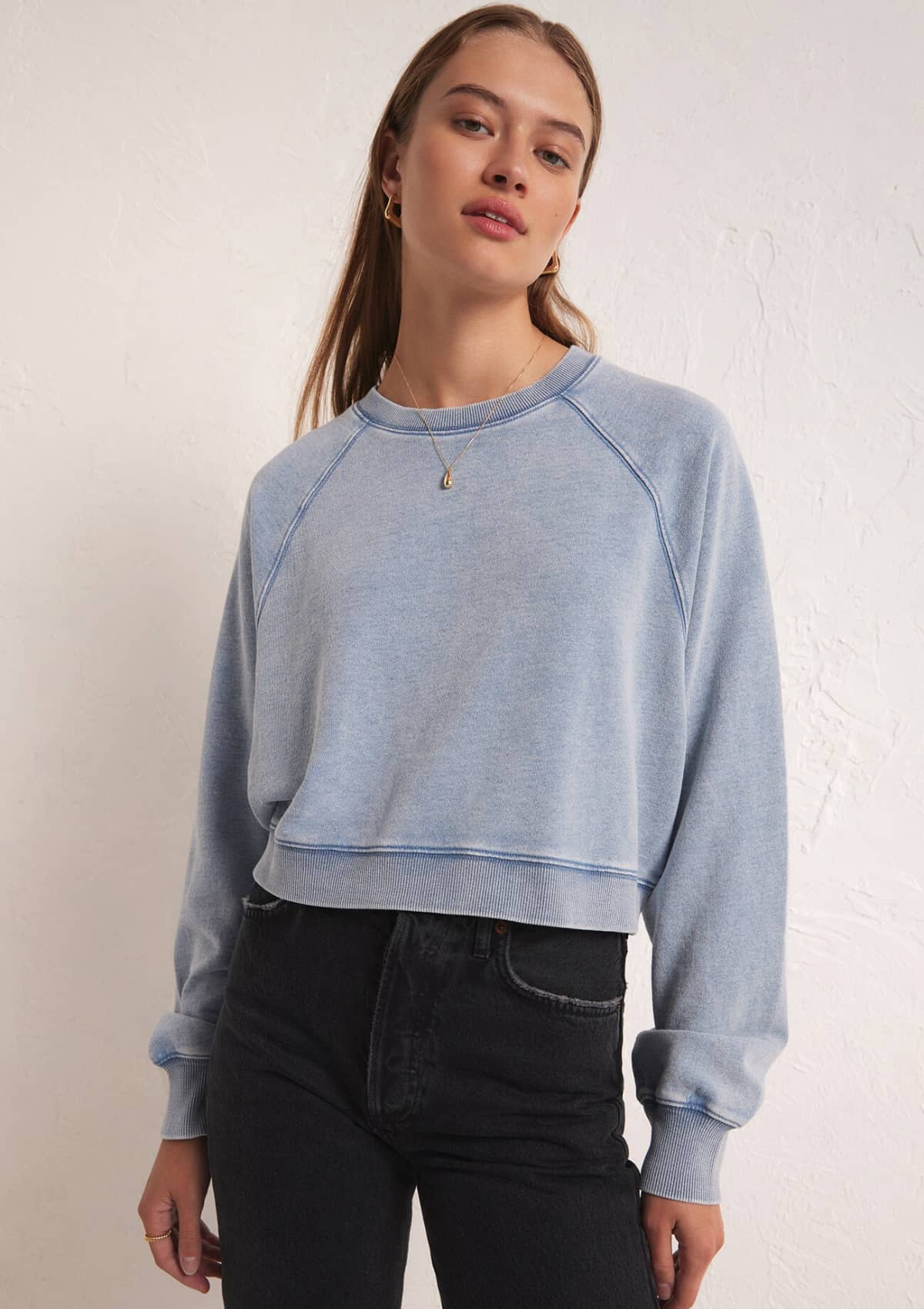 Crop Out Knit Denim Women's Sweatshirt -Z SUPPLY- Ruby Jane-