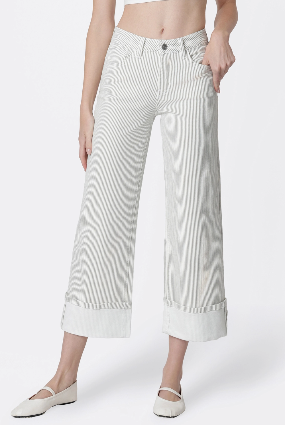 High Rise Stripe Cuffed Wide