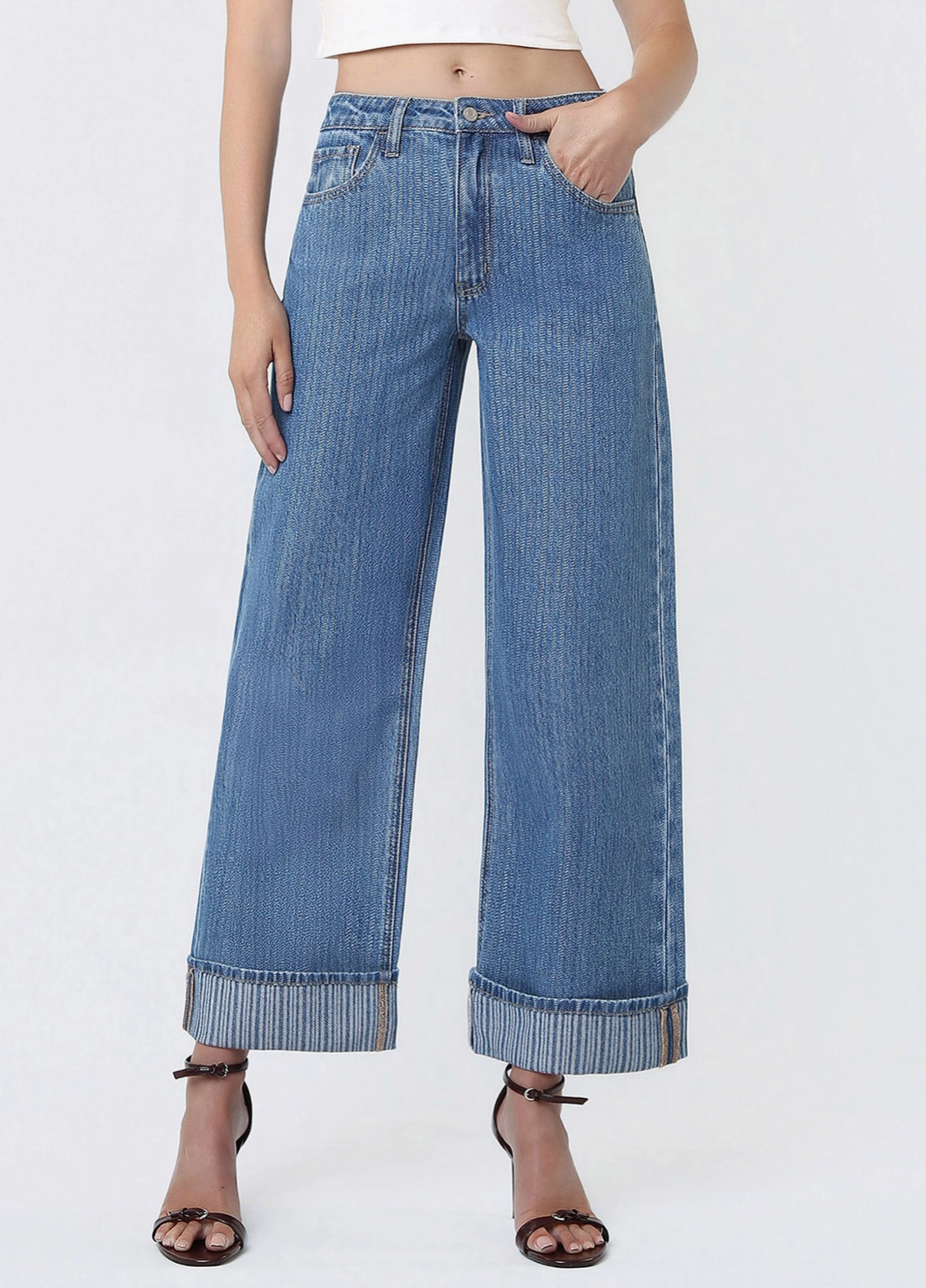 High Rise Jacquard Stripe with Cuffed Wide Leg