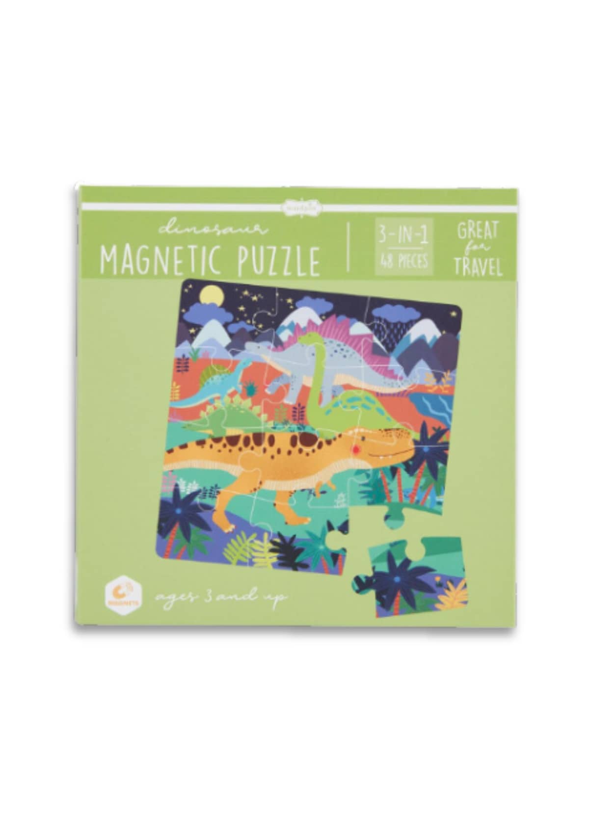 Green magnetic puzzle book with dinosaurs.