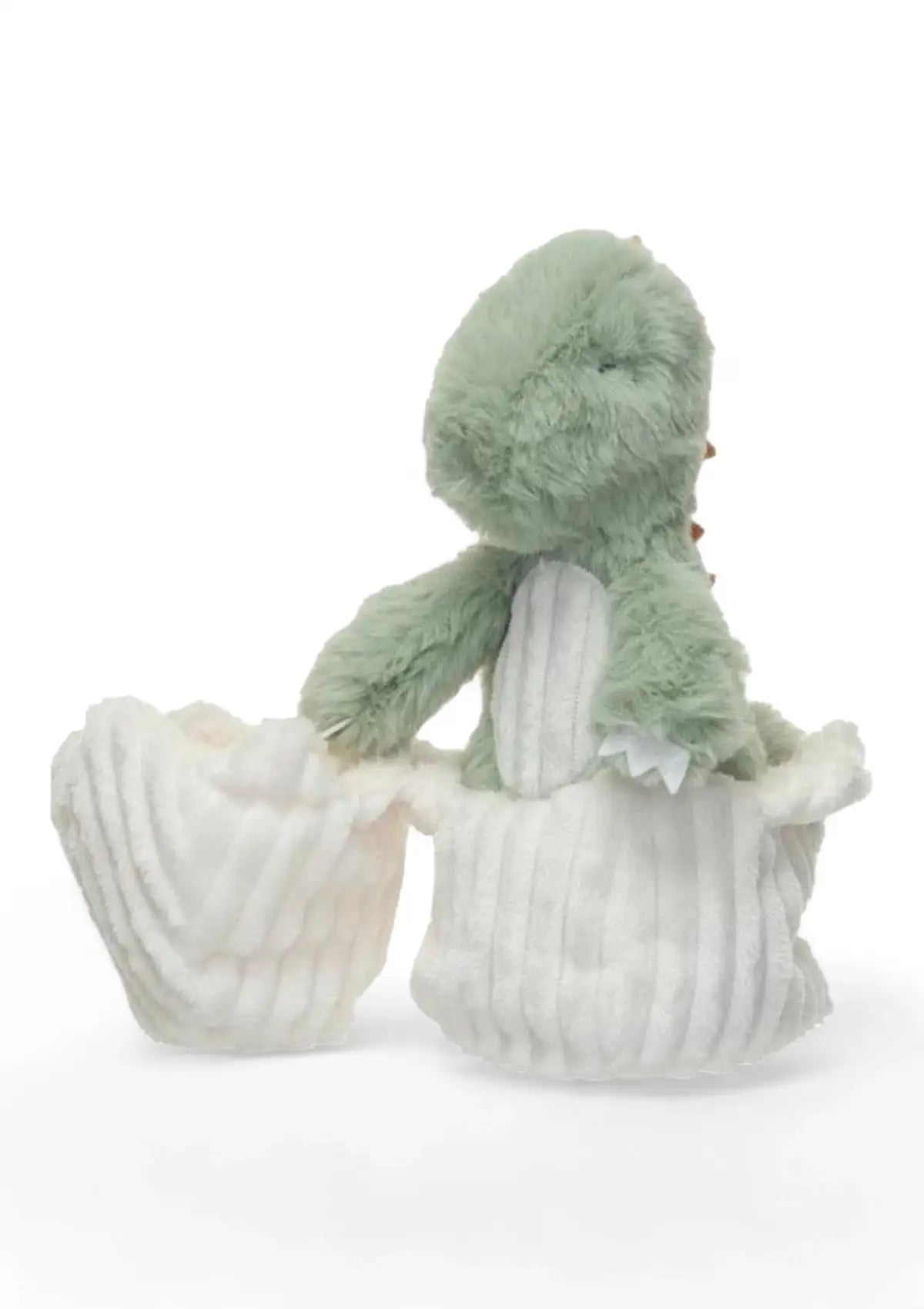 Green and white plush children's dino toy. Valleygirl-Creative Coop.