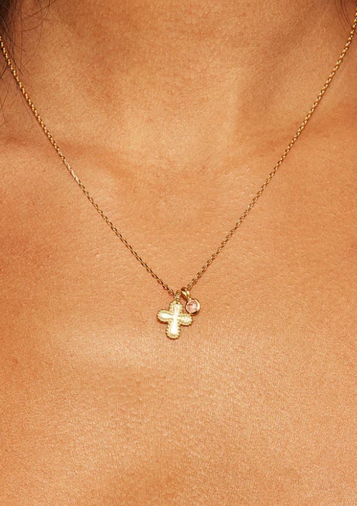 Dot Cross Pendant with Rose Quartz Bezel Necklace -Satya Jewelry- Ruby Jane-