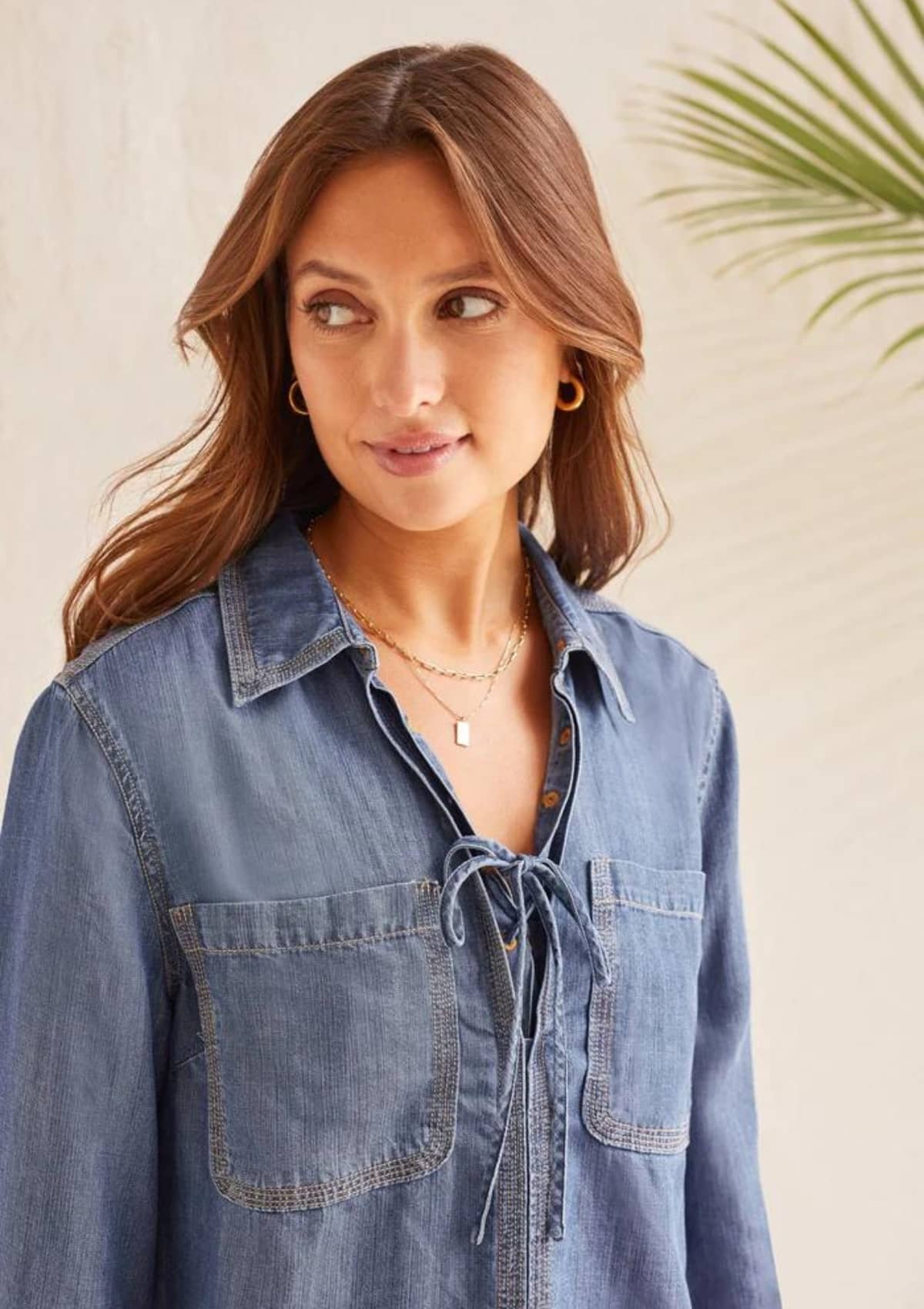 Elbow Sleeve Pop-Over Blouse with Lace-Up - Chambray -Tribal- Ruby Jane-