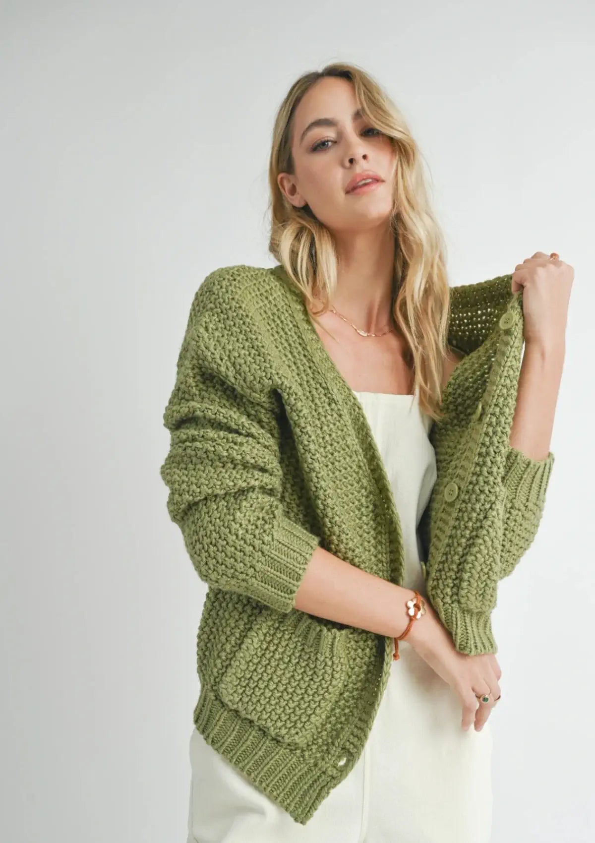 Boho mountain fashion green sweater cardigan at Ruby Jane & valleygirl boutique.