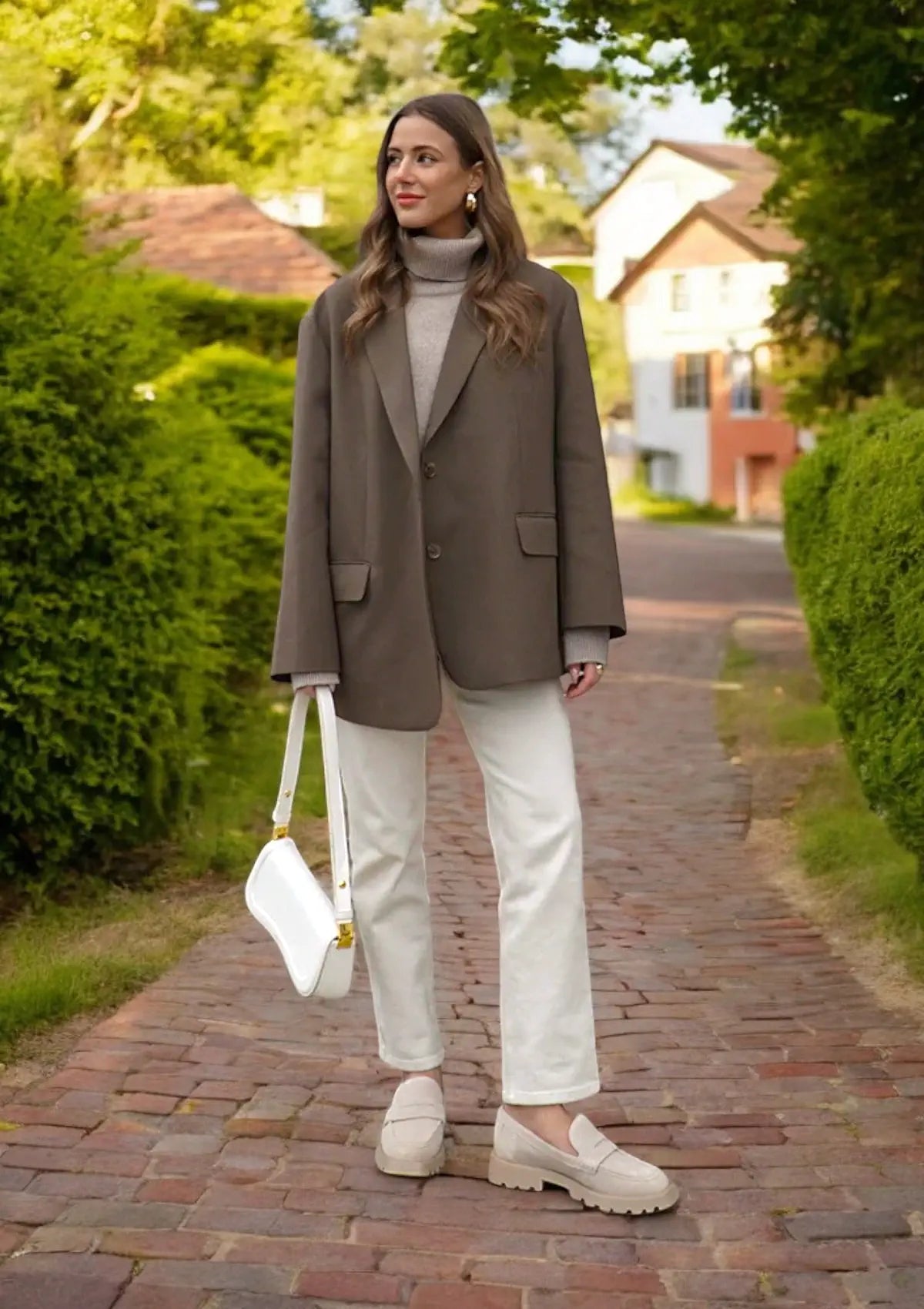 Paired with brown blazer, white pants, white handbag, and tan turtleneck.