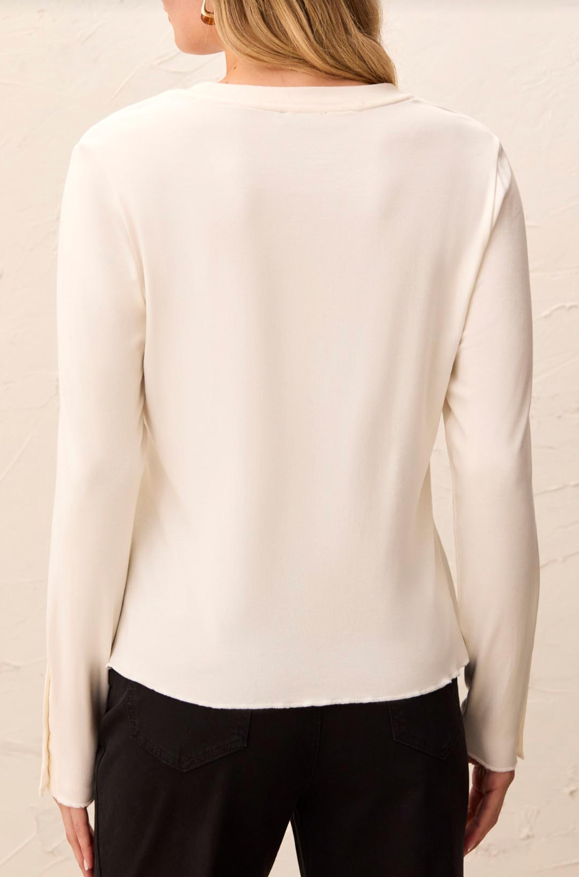 Long Sleeve Crew Neck Top with Button Detail - Moonstone