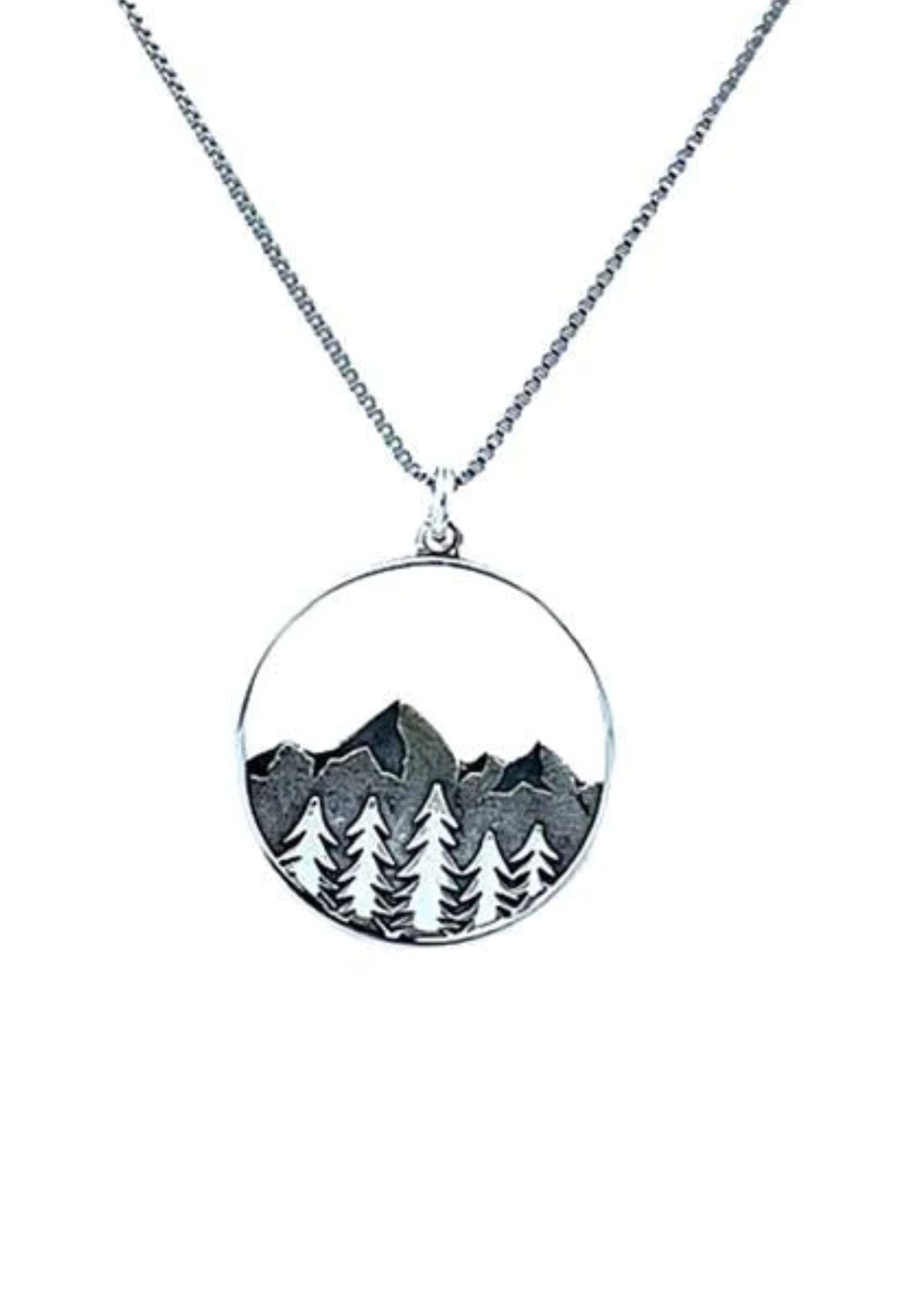 Fir Trees Mountain Sterling Silver Pendant Rhodium Plated Chain Necklace -Athena Designs- Ruby Jane-