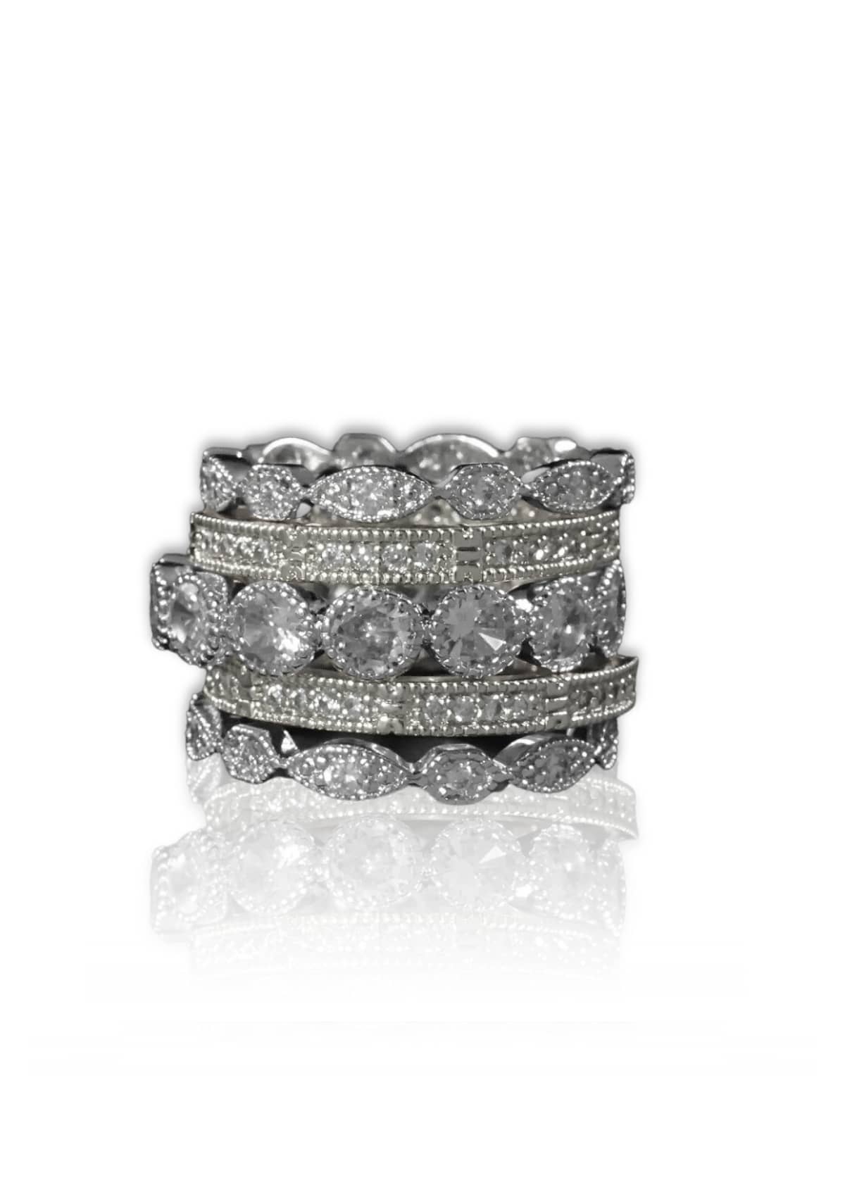 Five Band Stackable with One Large Round CZ Band and 4 Pave Bands -Be-Je Designs- Ruby Jane-