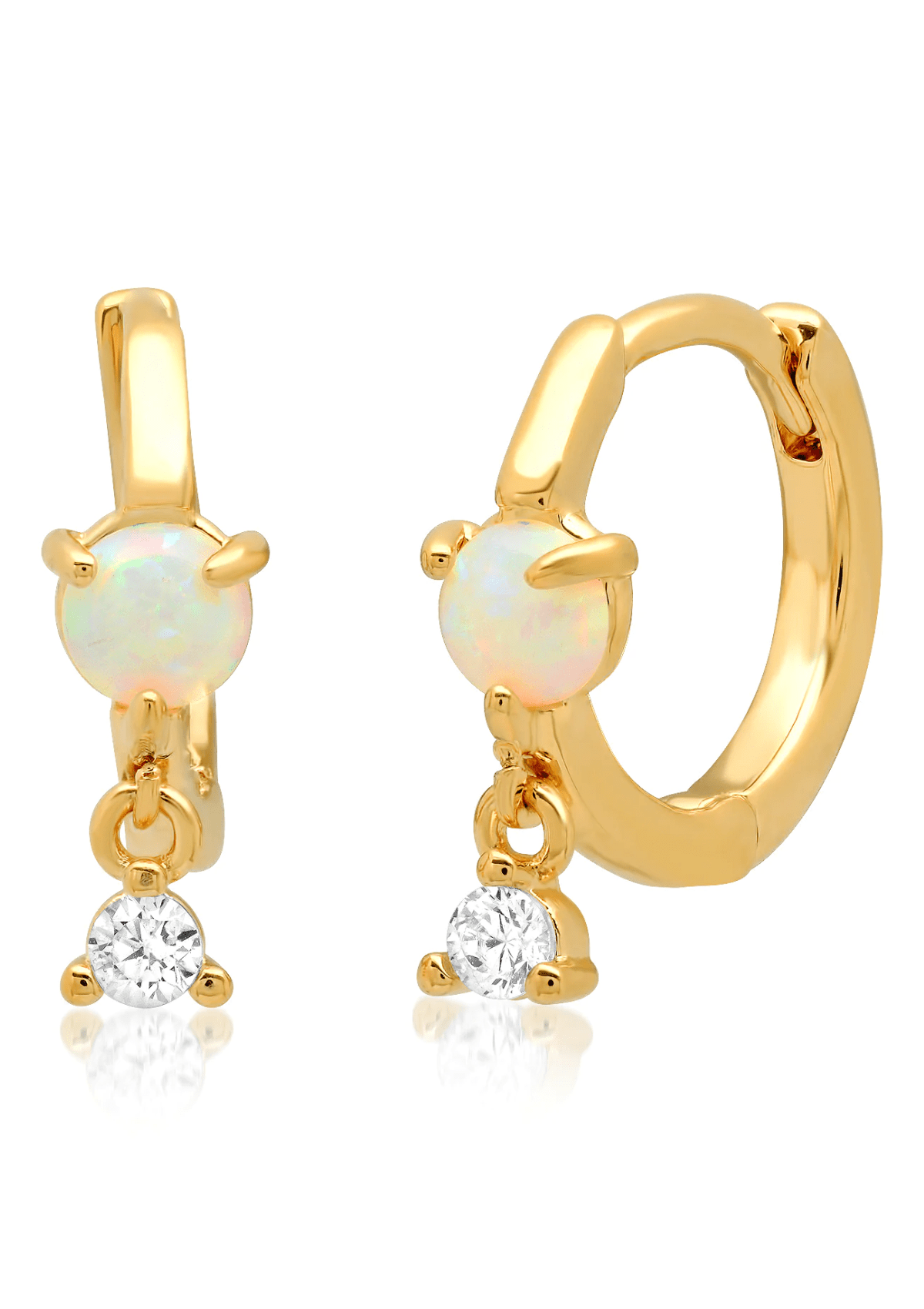 Gold Huggie Earrings with White Opal and Single CZ Drop -Tai Rittichai- Ruby Jane-
