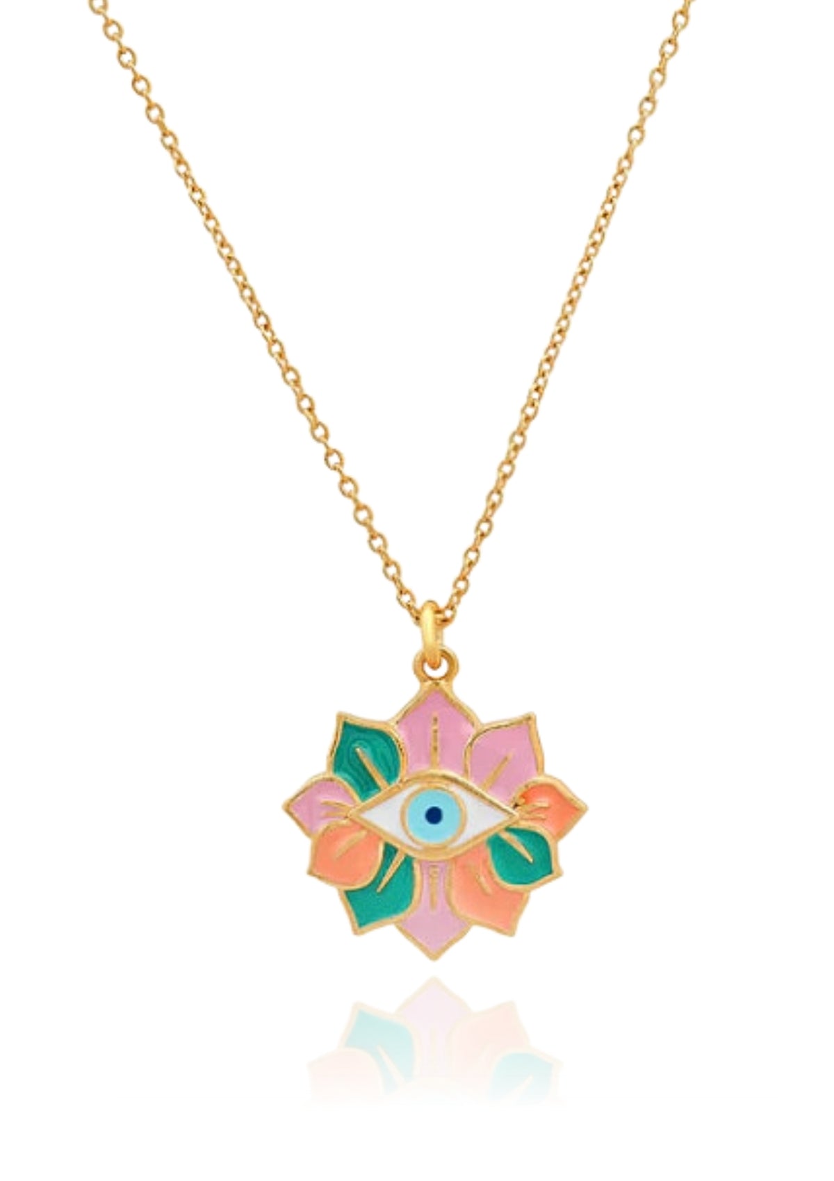 Gold Simple Chain Necklace with Mixed Colored Enamel Evil Eye Center Pendant -Tai Rittichai- Ruby Jane-