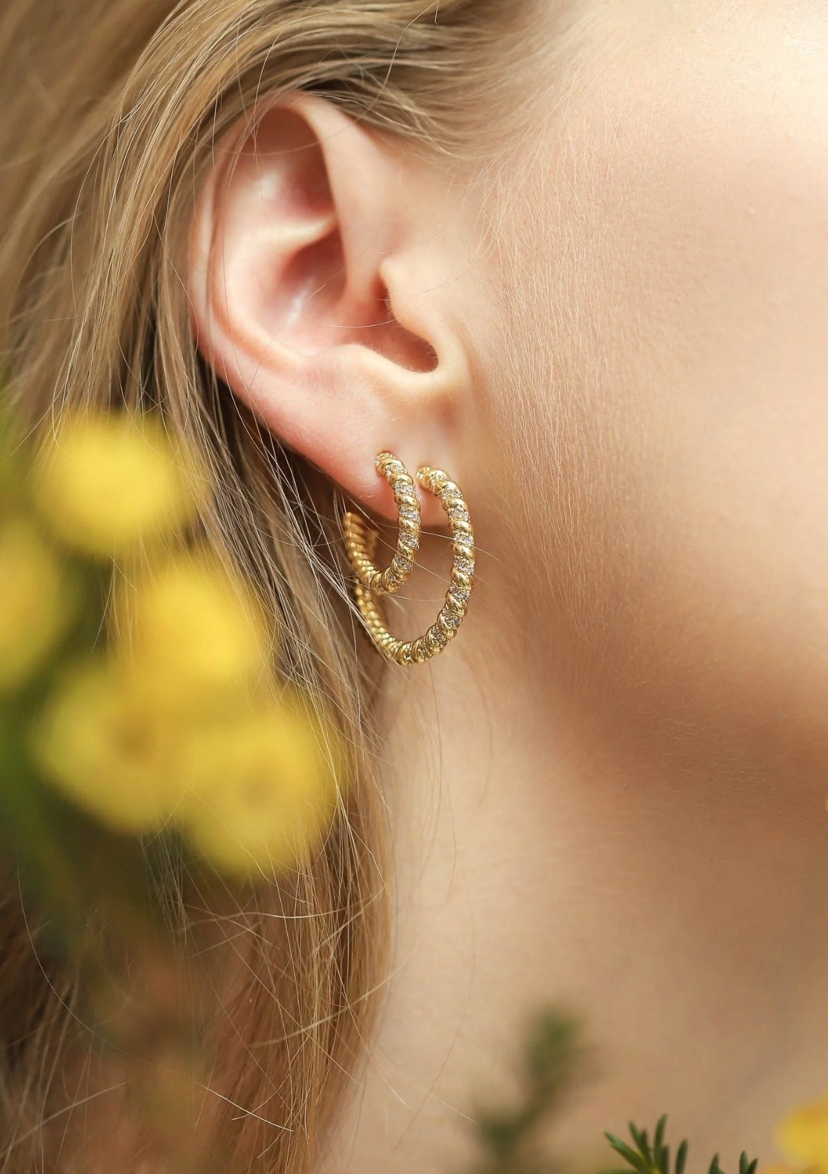 Gold Twist Hoop Earrings with CZ -Tai Rittichai- Ruby Jane-