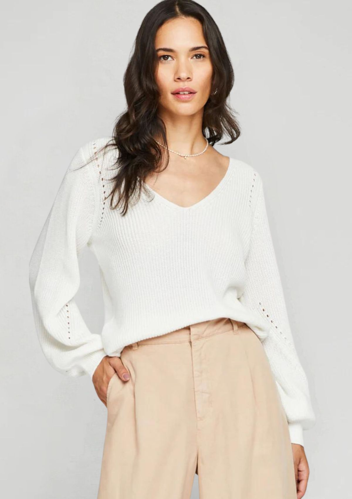 Hailey V-Neck Pullover - White -Gentle Fawn- Ruby Jane-