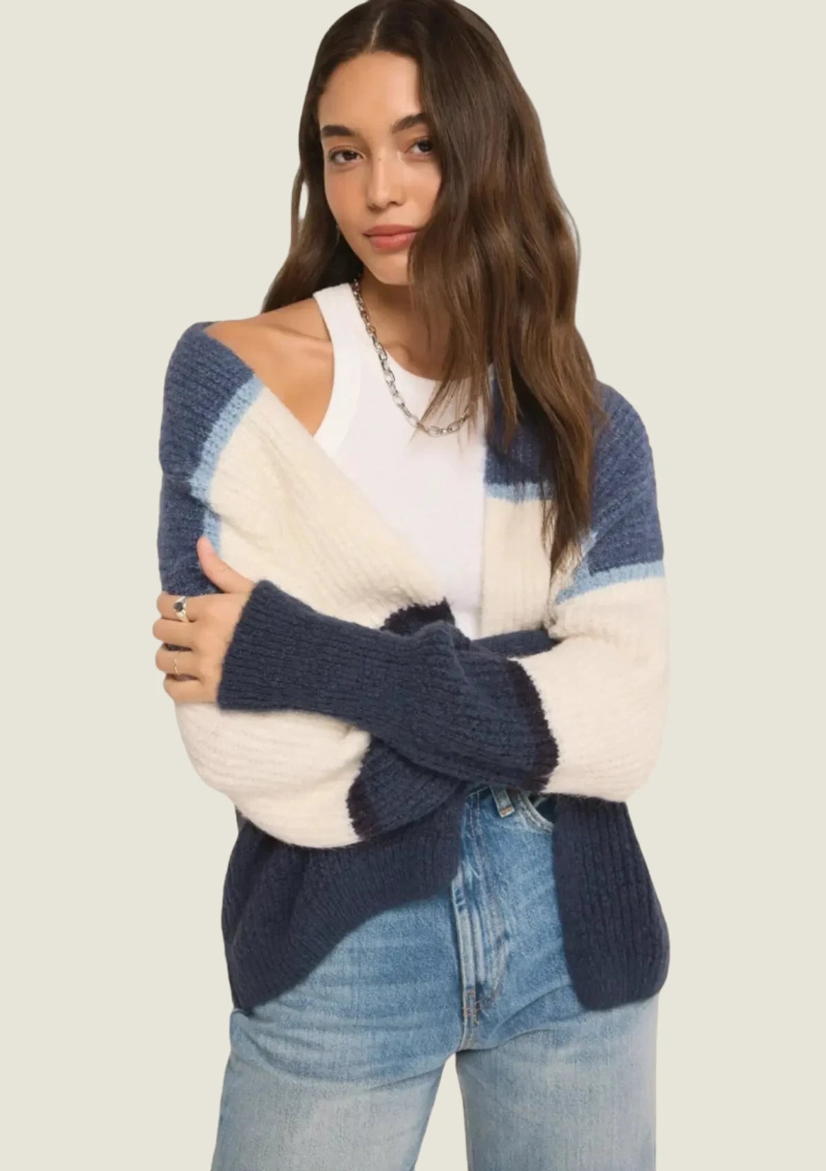 Boho mountain fashion clothing blue white cardigan at Ruby Jane & Valleygirl boutique.