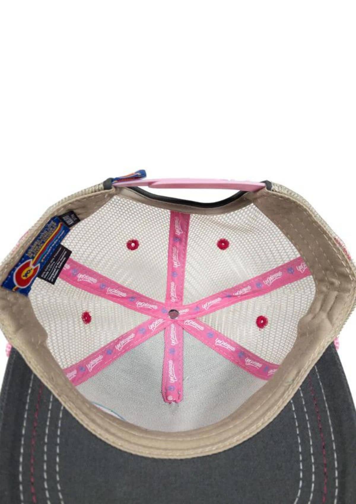 Grey bill with pink stitching. Pink accents and snapback. Tan mesh.