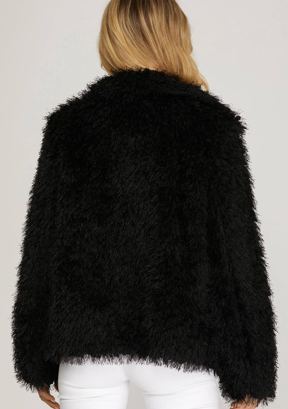 Long Sleeve Faux Fur Jacket With Pockets, Black