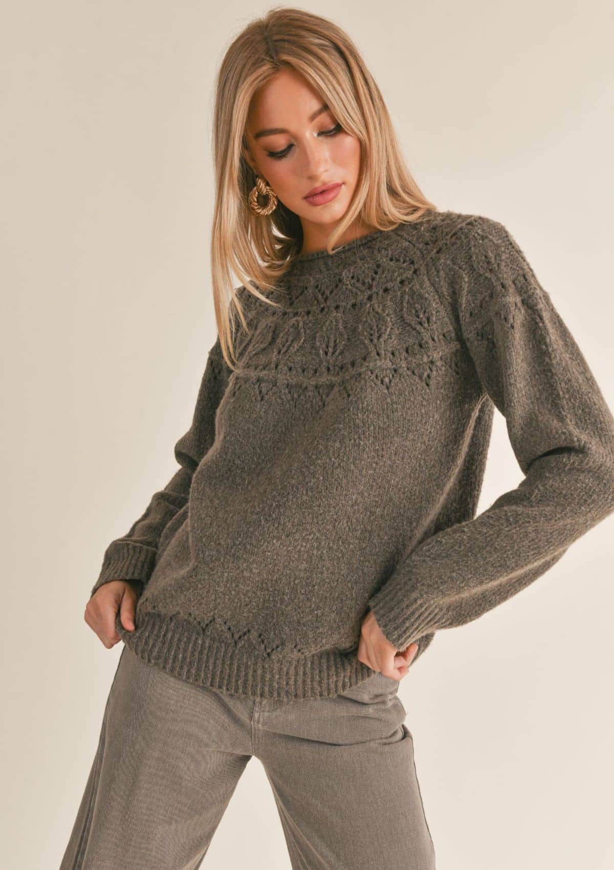  Guipure Lace Panel Pointelle Knit Sweater (Color : Gray, Size :  Medium) : Clothing, Shoes & Jewelry