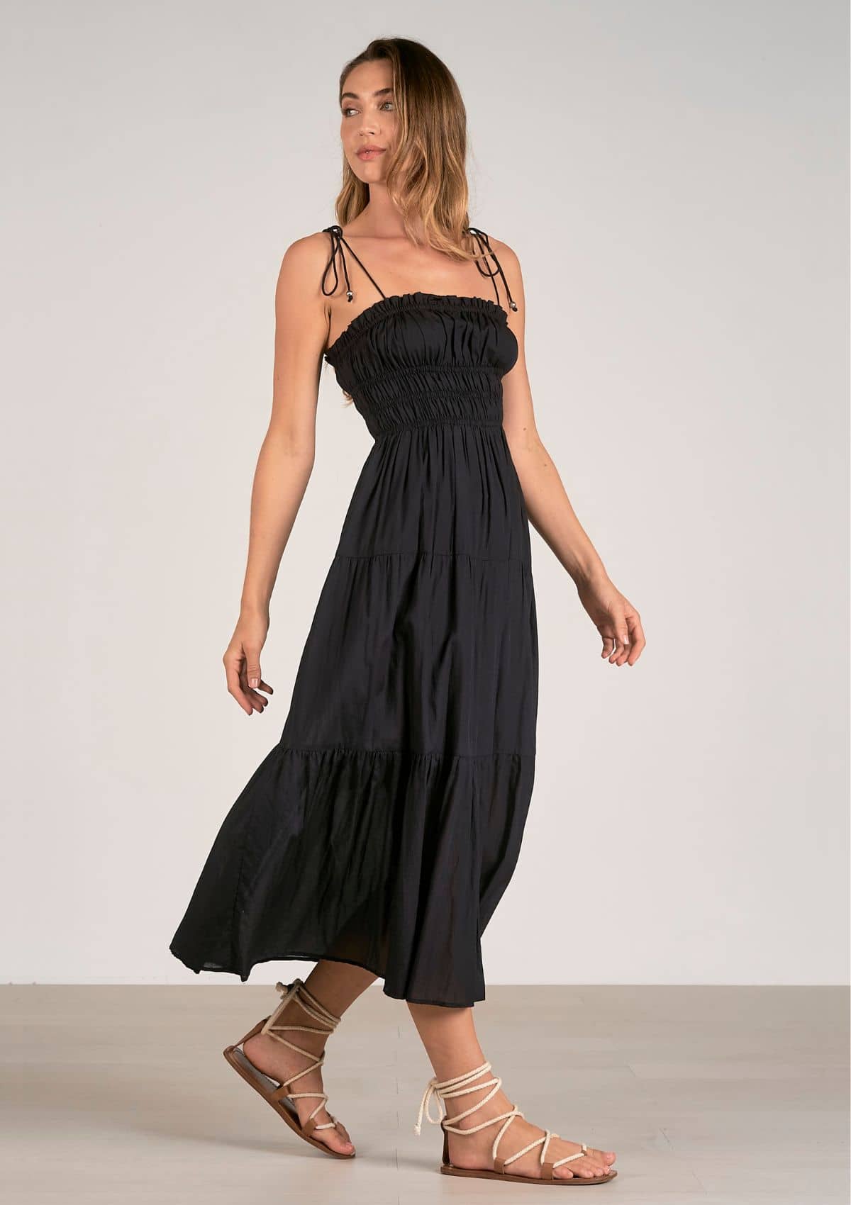 Midi Dress with Spaghetti Straps - Black -Elan Designs- Ruby Jane-