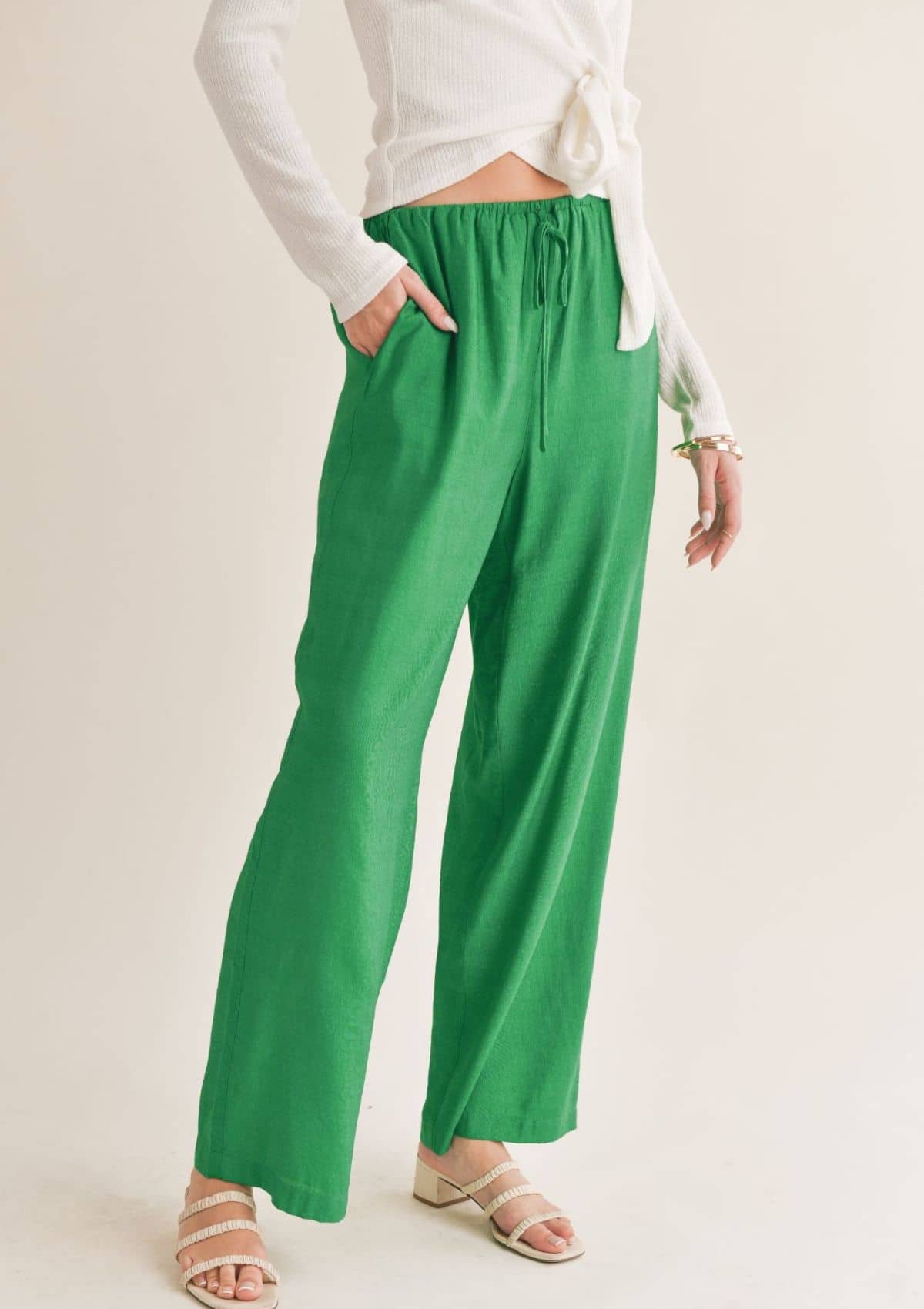 No Envy Tied Waist Wide Leg Pant - Kelly Green -Sage the Label- Ruby Jane-