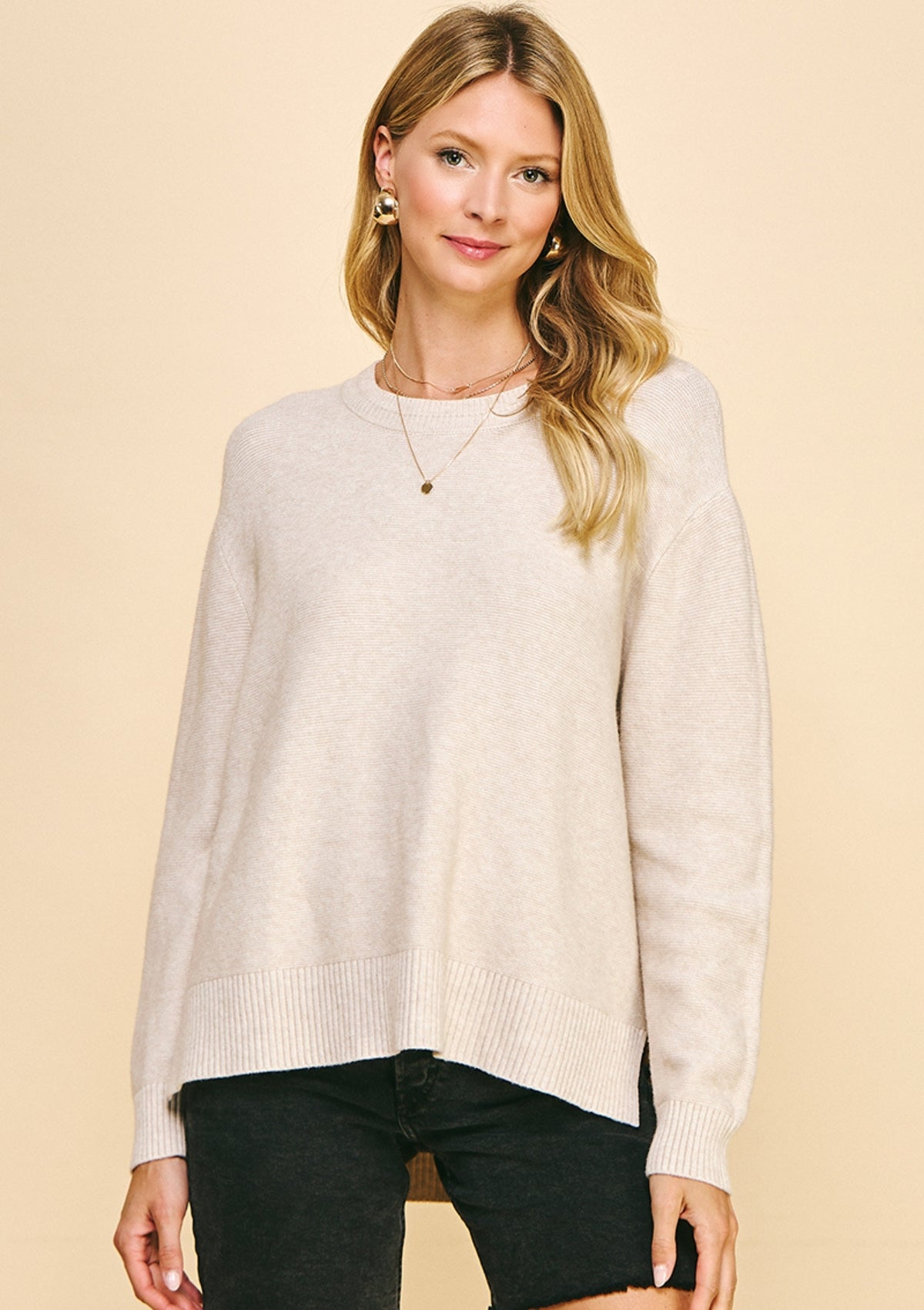 Oatmeal Color Crewneck Sweater -Pinch- Ruby Jane-