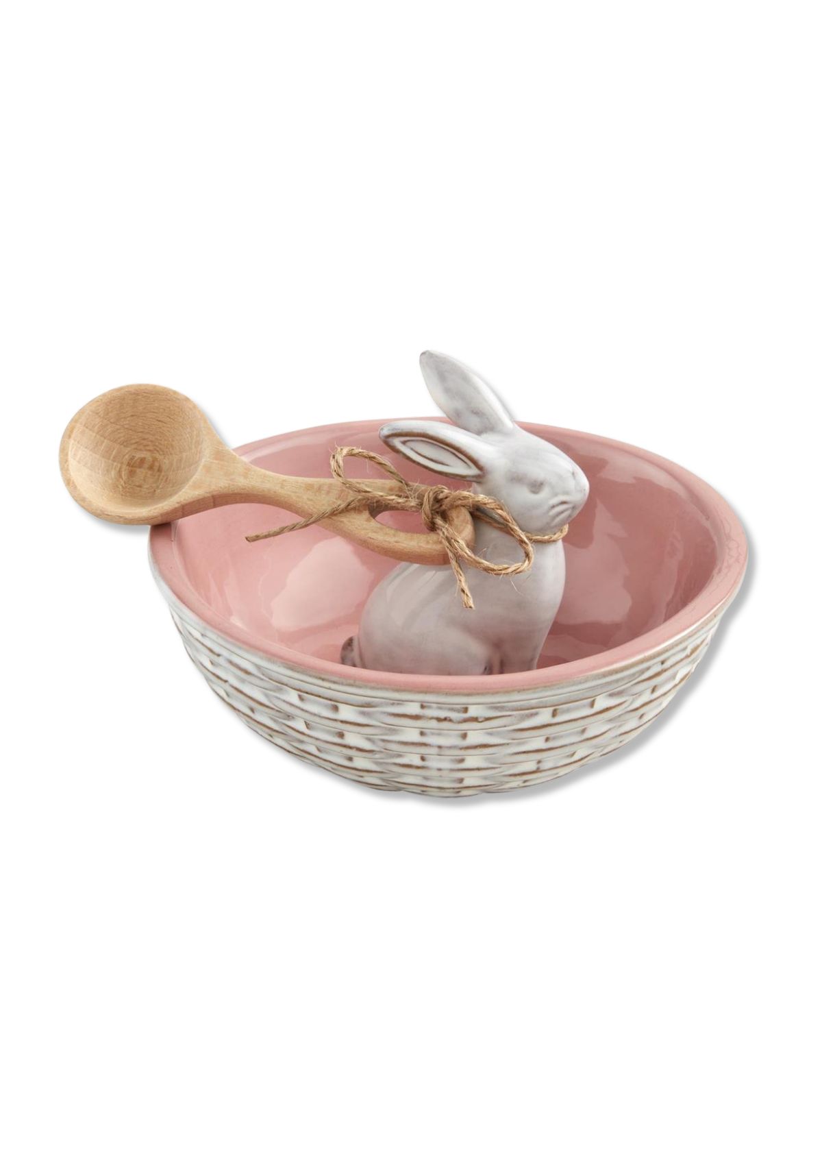 White bunny with pink exterior/interior bowl with rabbit in middle. Comes with brown wooden spoon.