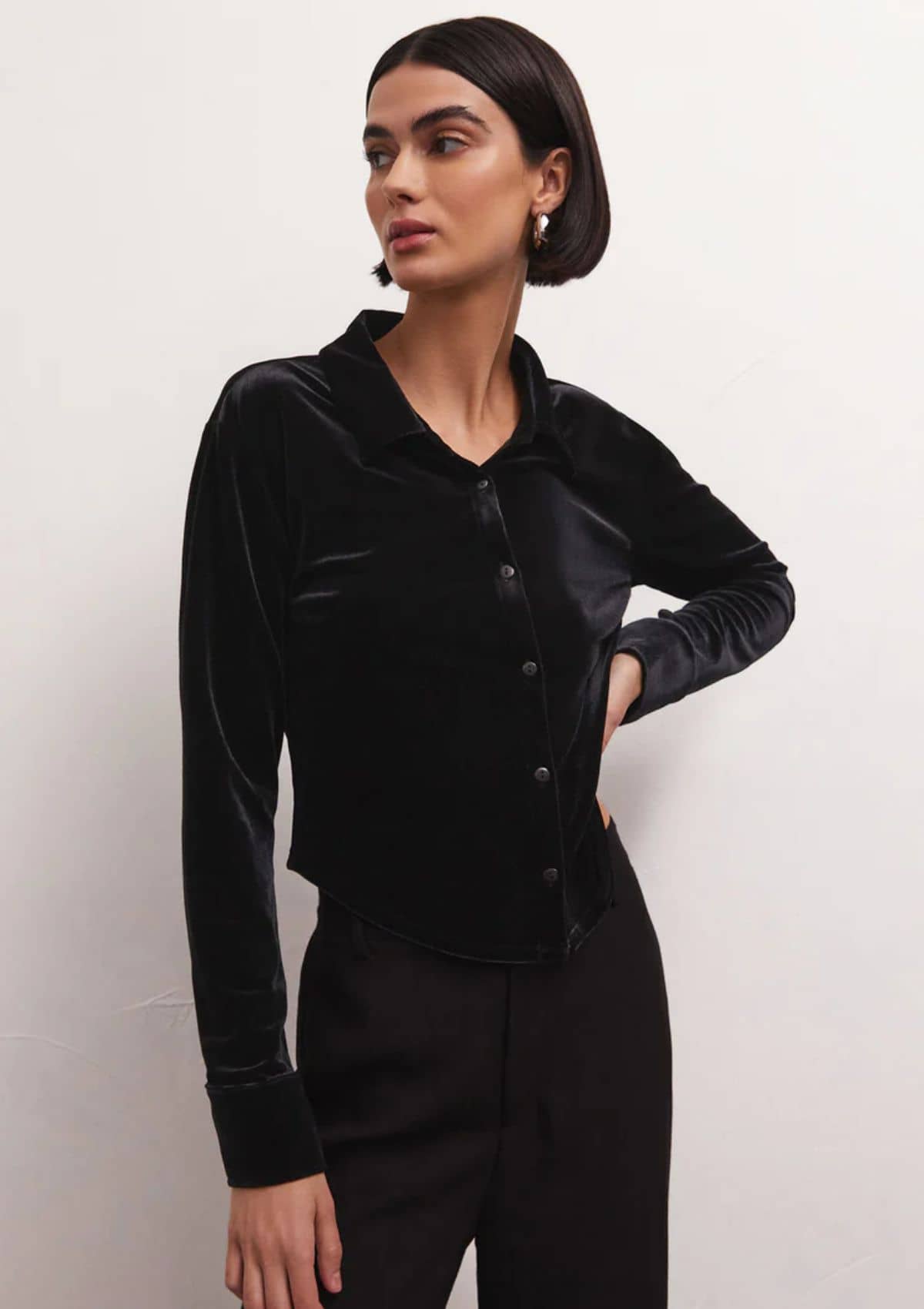 Women's black velvet button up collared top.