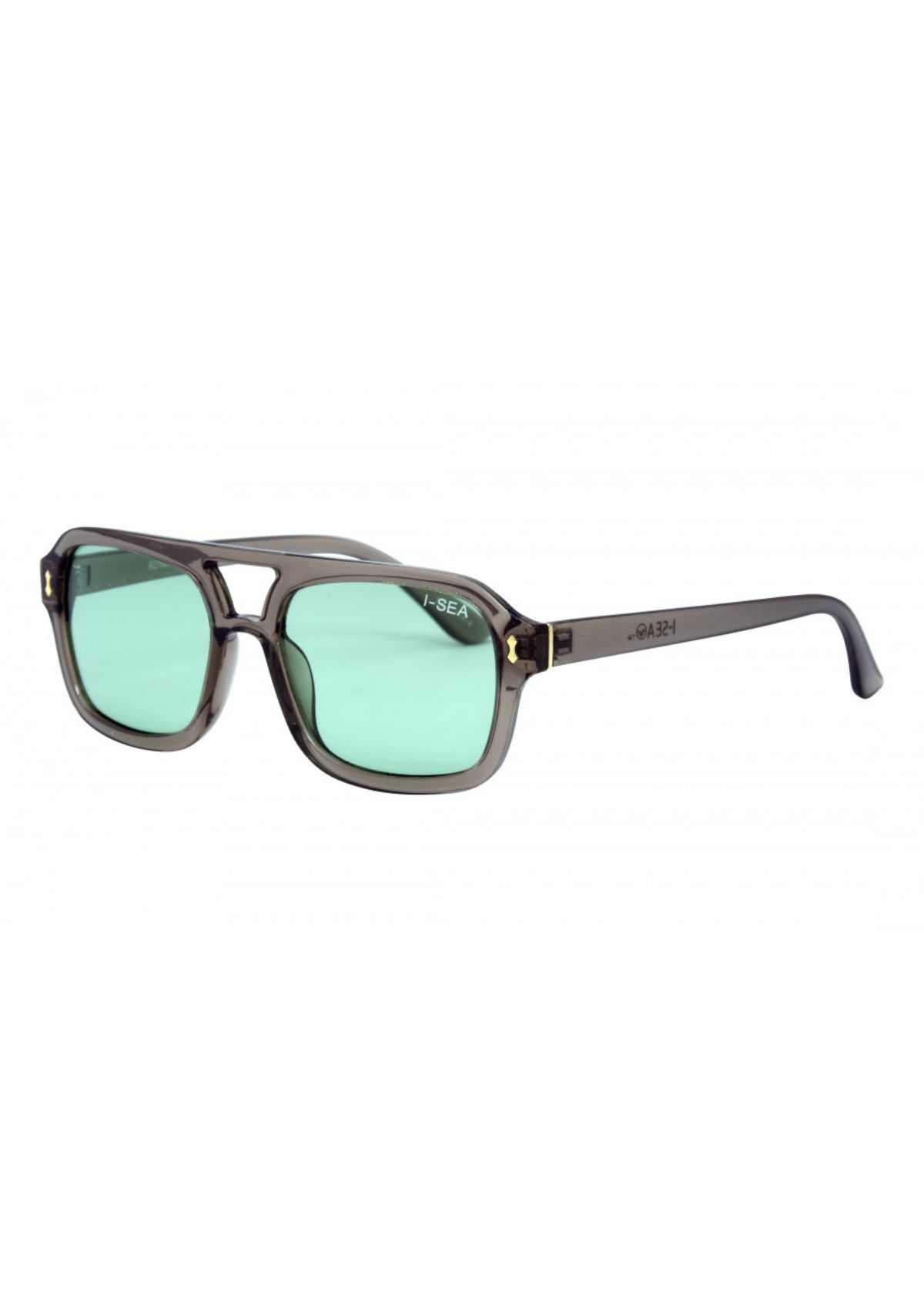 Thick square aviators. Grey frame with green lens.