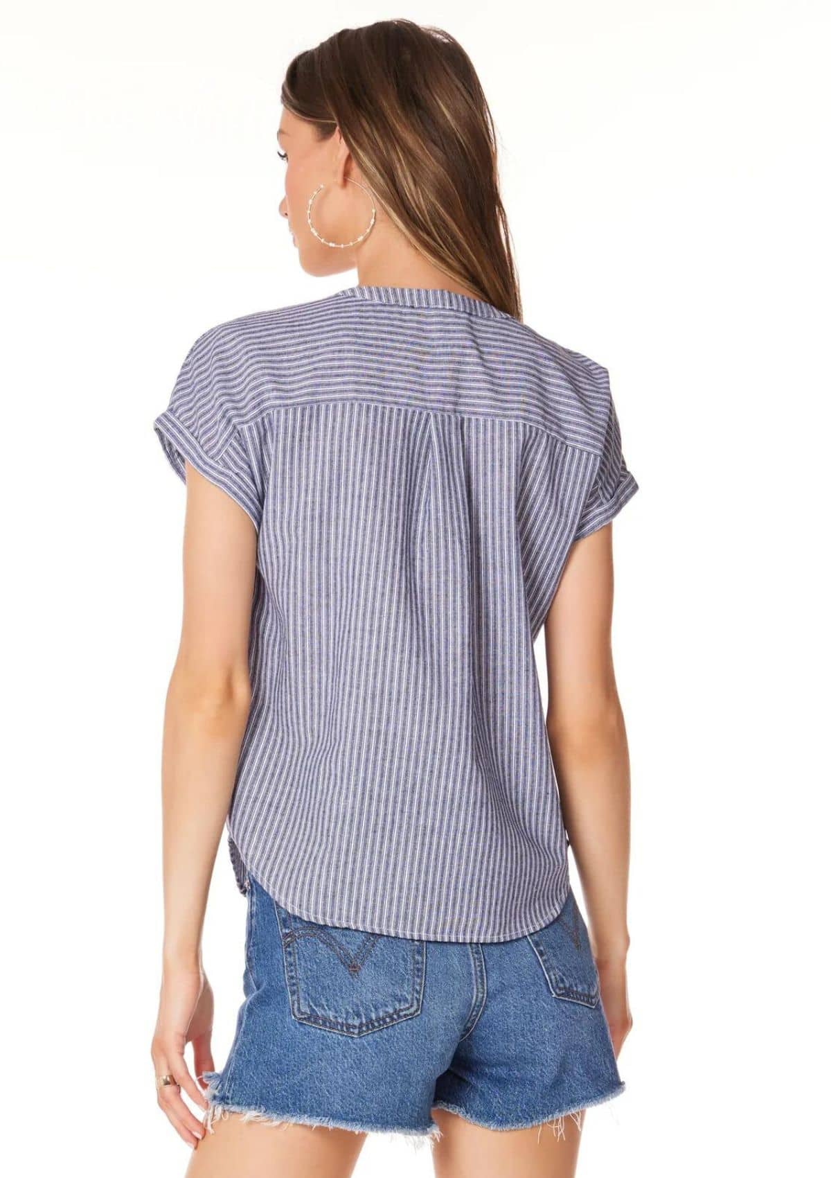 Short Sleeve Button Front Yoke Shirt - Navy -Bobi- Ruby Jane-