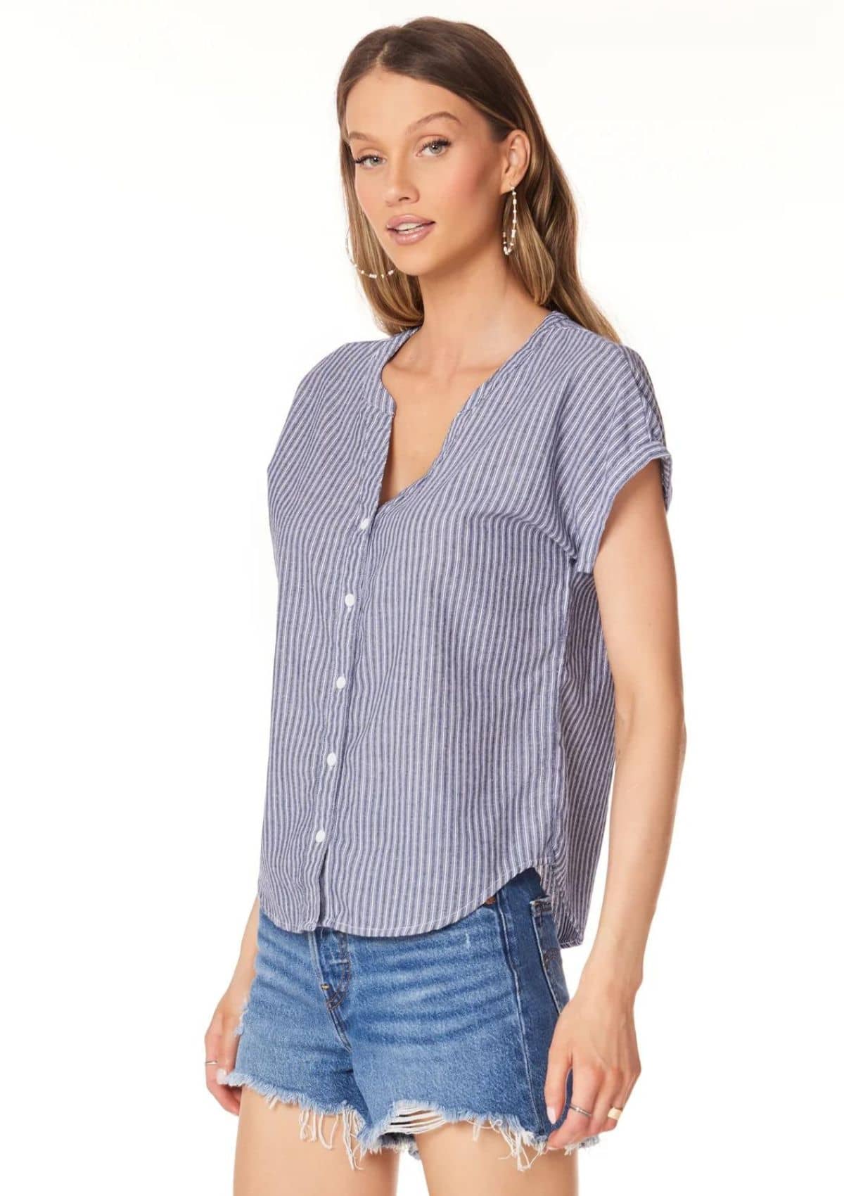 Short Sleeve Button Front Yoke Shirt - Navy -Bobi- Ruby Jane-